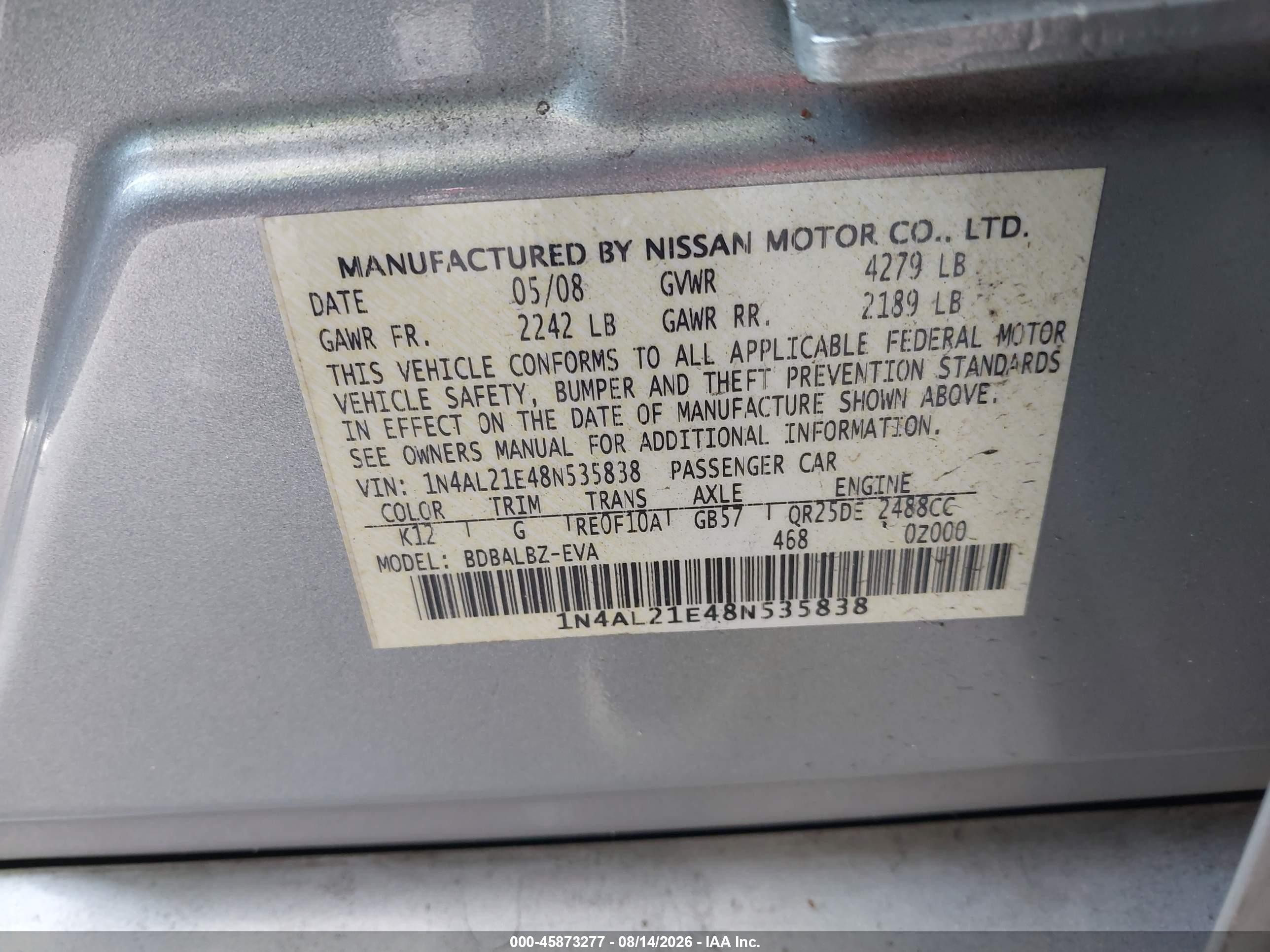 2008 Nissan Altima 2.5 S Silver vin: 1N4AL21E48N535838