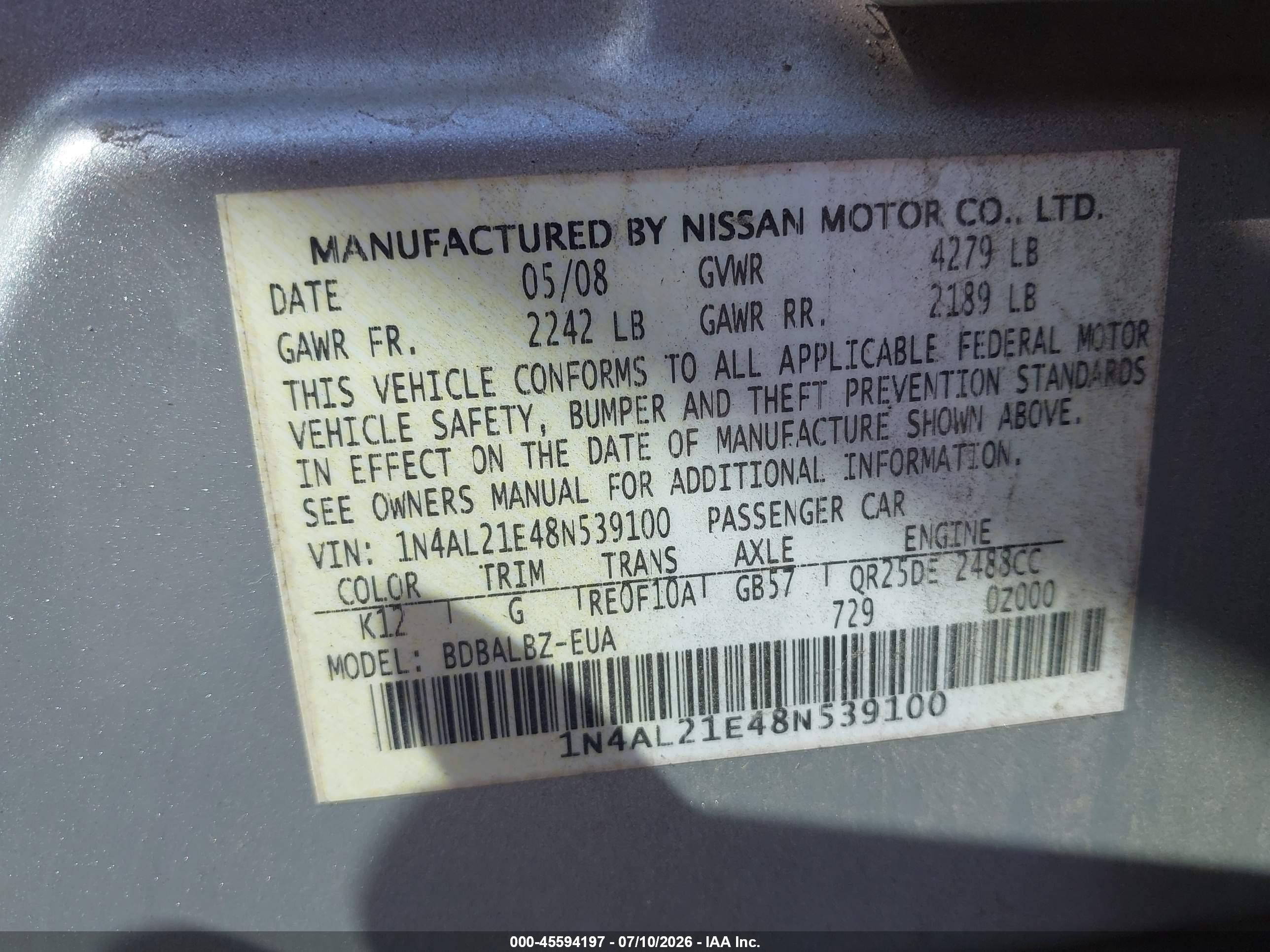 2008 Nissan Altima 2.5 S Gray vin: 1N4AL21E48N539100
