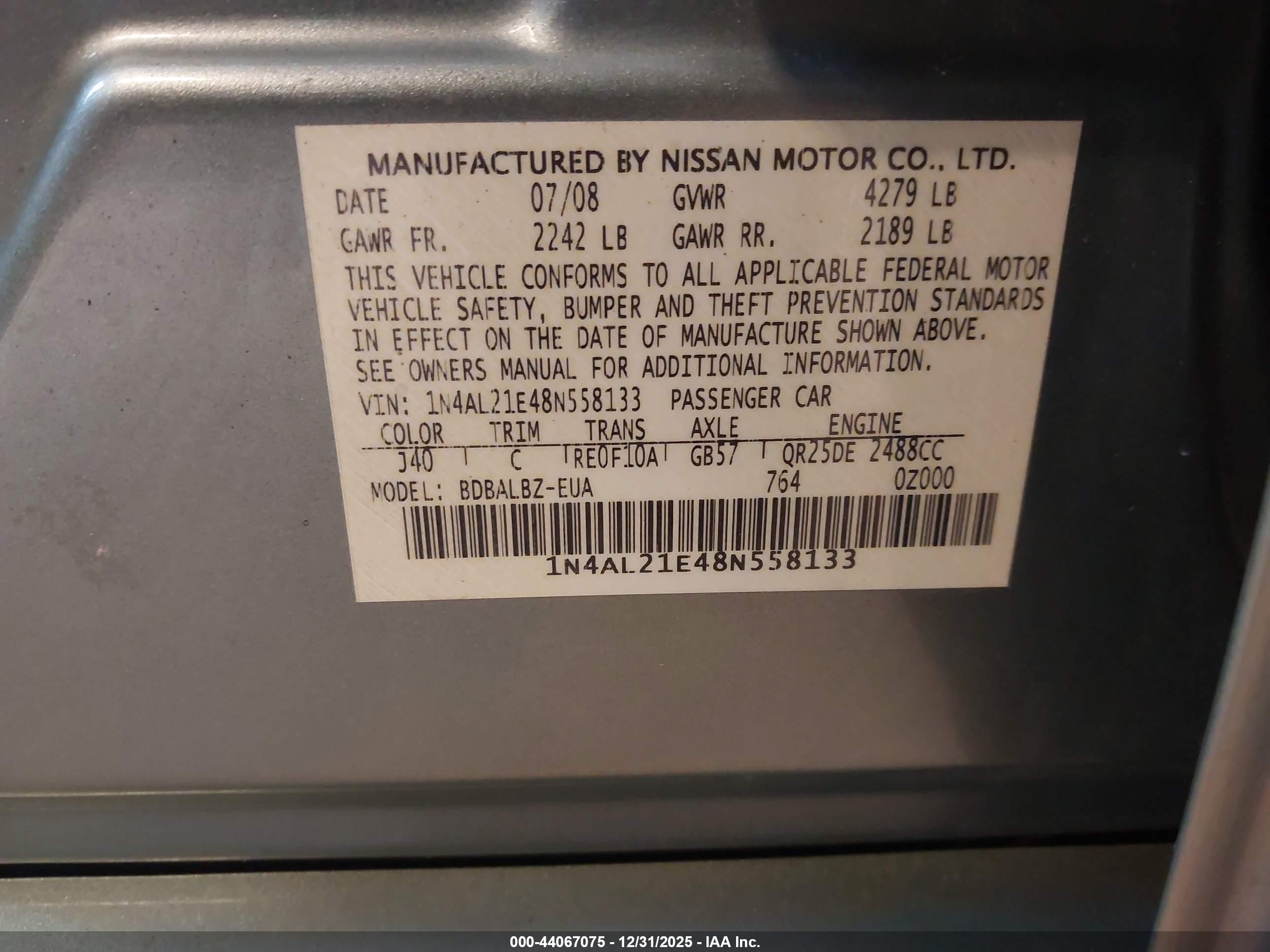 2008 Nissan Altima 2.5 S Green vin: 1N4AL21E48N558133