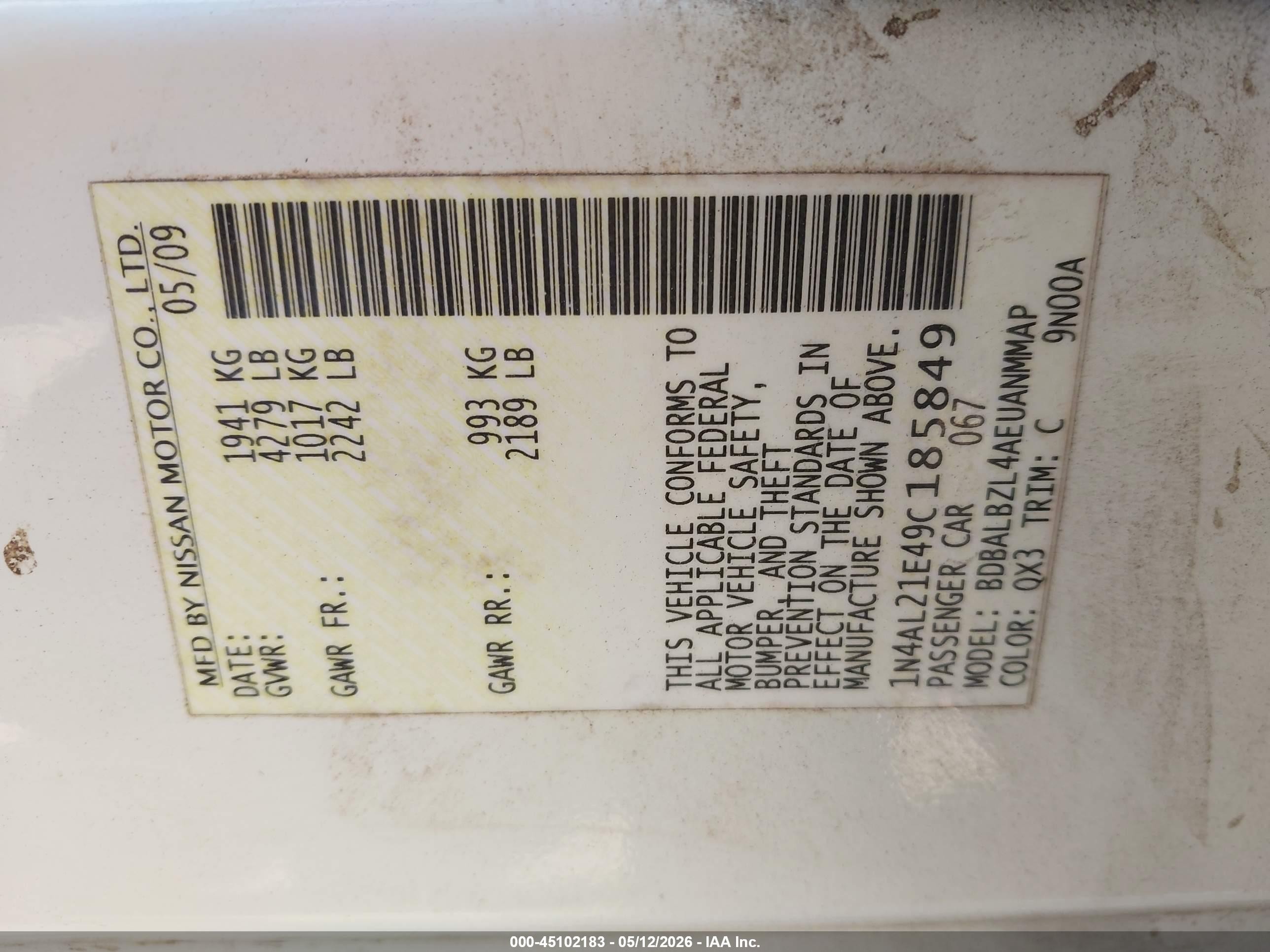 2009 Nissan Altima 2.5 S Белый vin: 1N4AL21E49C185849