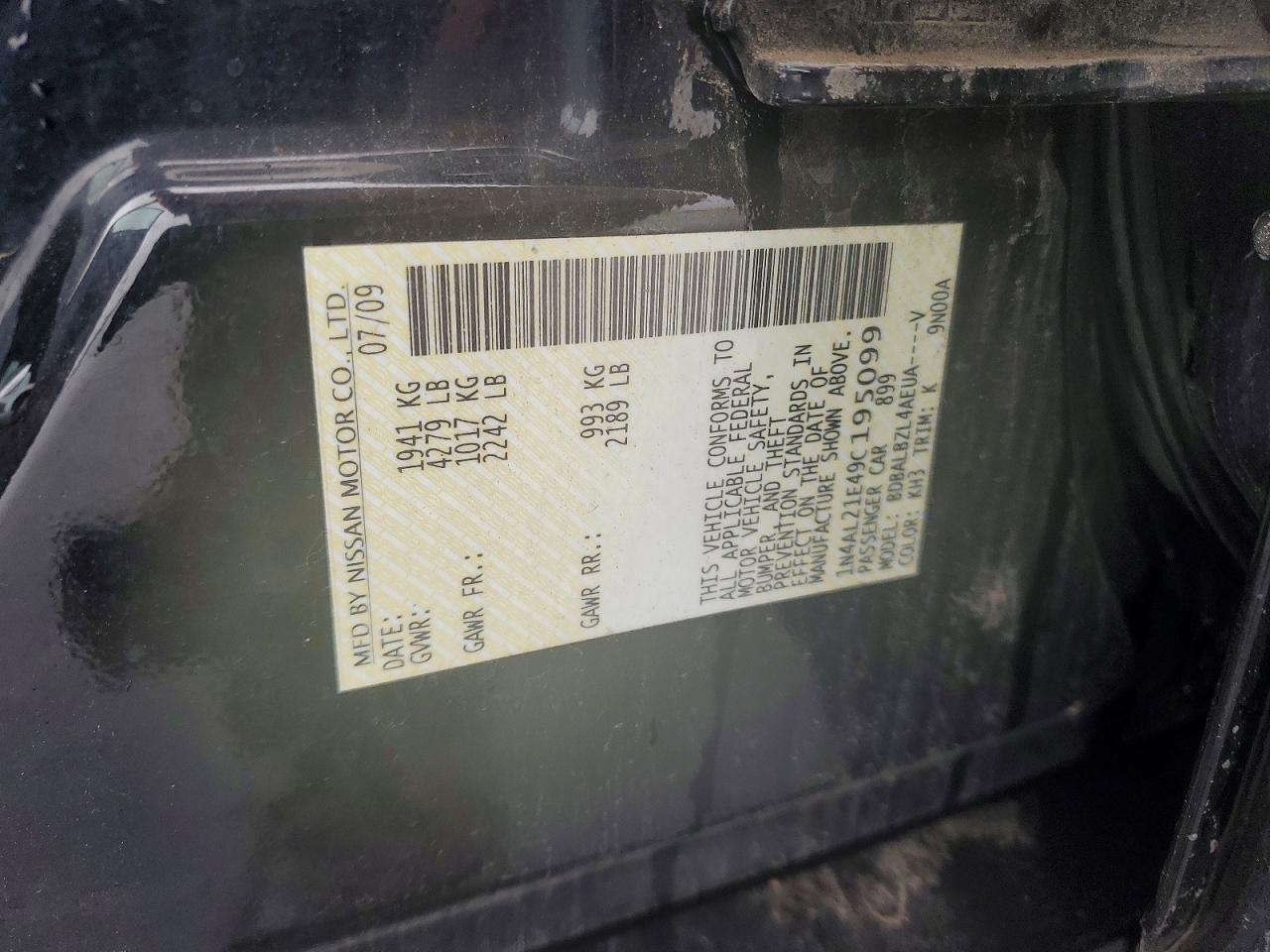 2009 Nissan Altima 2.5/2.5s Black vin: 1N4AL21E49C195099