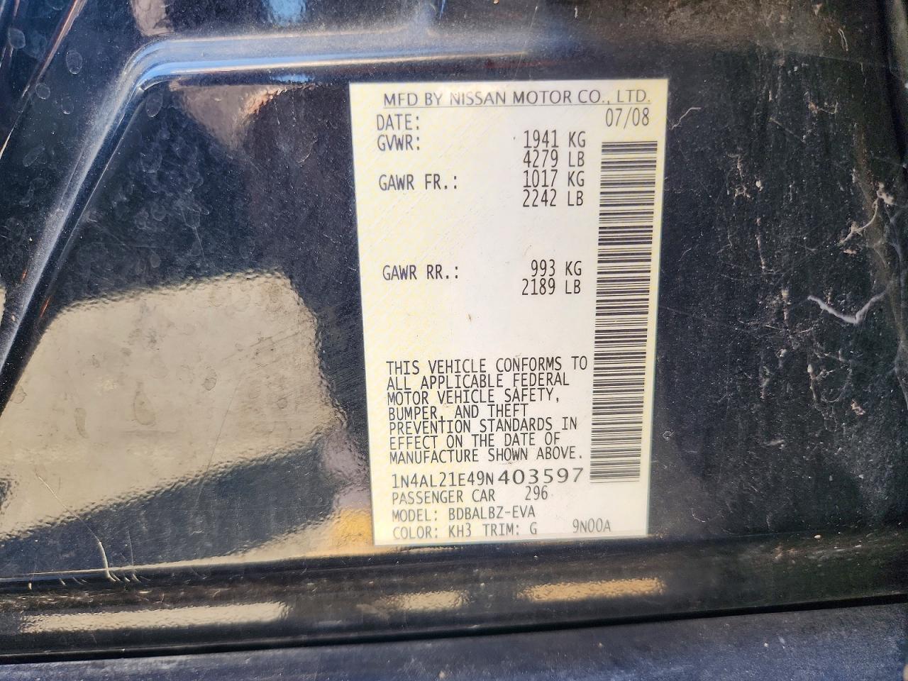 2009 Nissan Altima 2.5 Black vin: 1N4AL21E49N403597