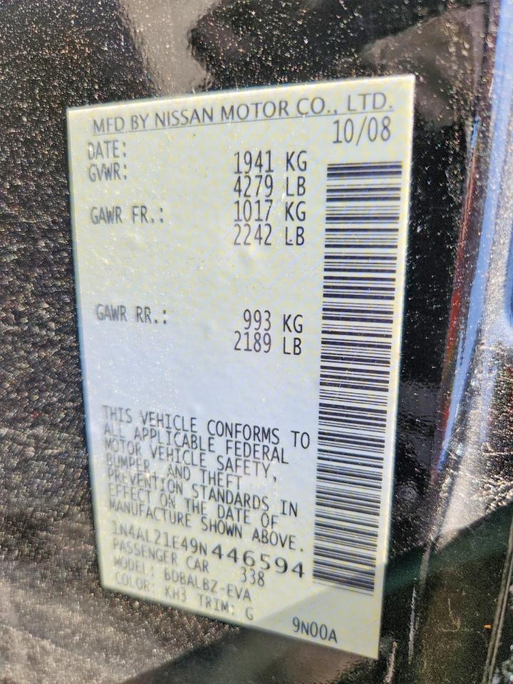 2009 Nissan Altima 2.5 Black vin: 1N4AL21E49N446594