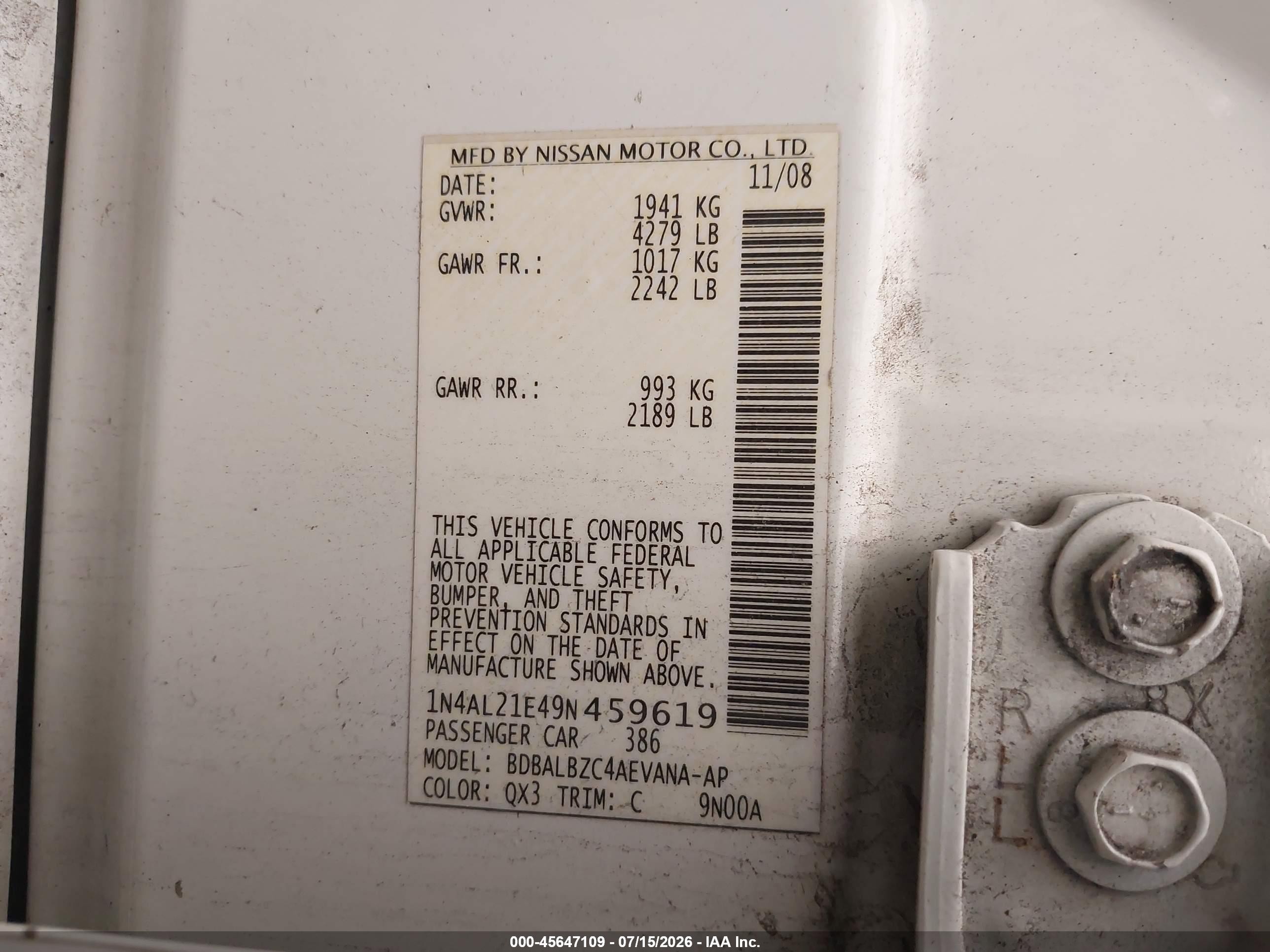 2009 Nissan Altima 2.5 S White vin: 1N4AL21E49N459619