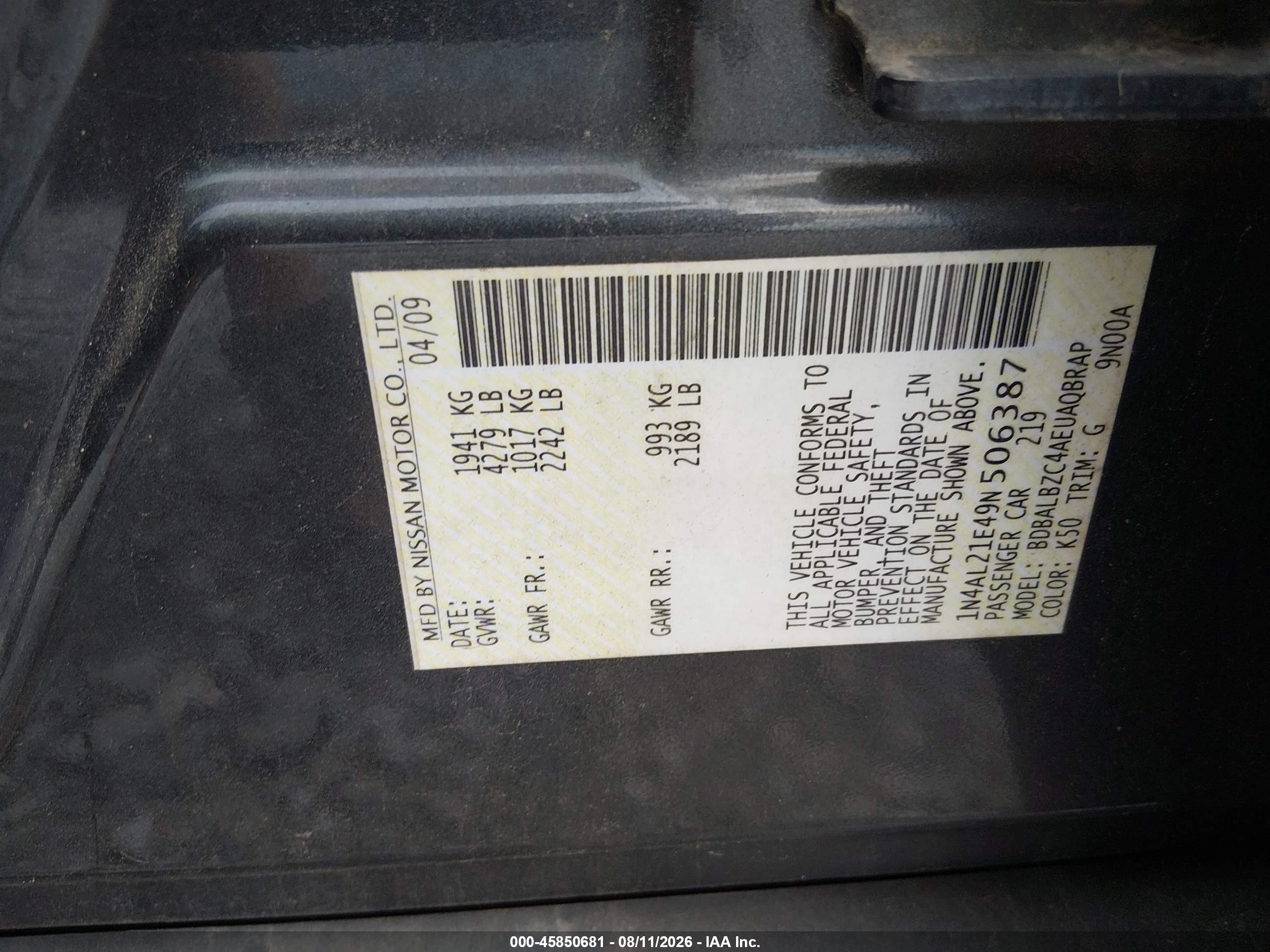 2009 Nissan Altima 2.5 S Gray vin: 1N4AL21E49N506387