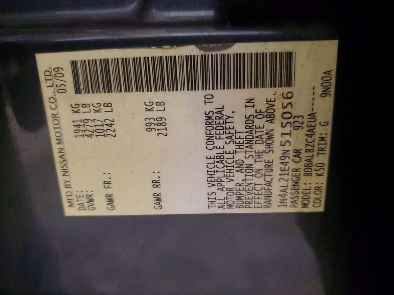 2009 Nissan Altima 2.5 Gray vin: 1N4AL21E49N515056