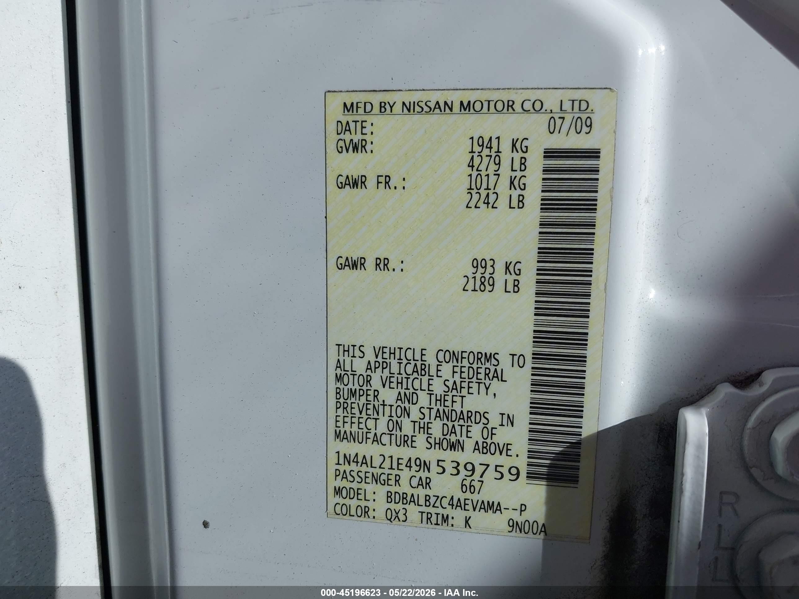 2009 Nissan Altima 2.5 S White vin: 1N4AL21E49N539759