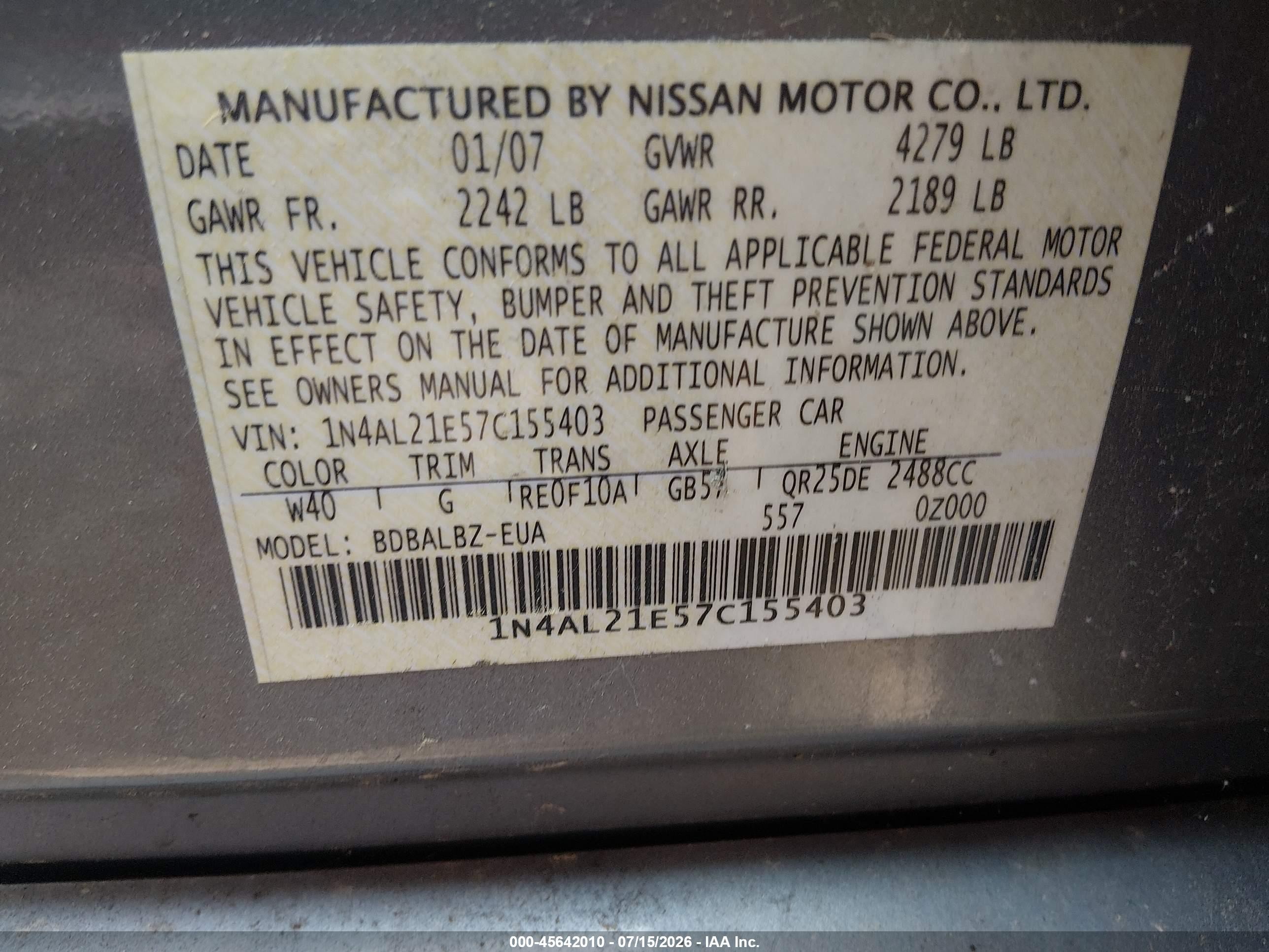 2007 Nissan Altima 2.5 S Gray vin: 1N4AL21E57C155403
