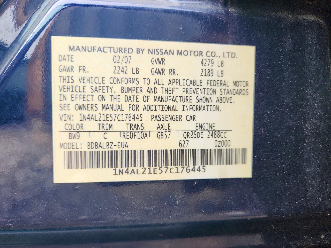 2007 Nissan Altima 2.5 Blue vin: 1N4AL21E57C176445