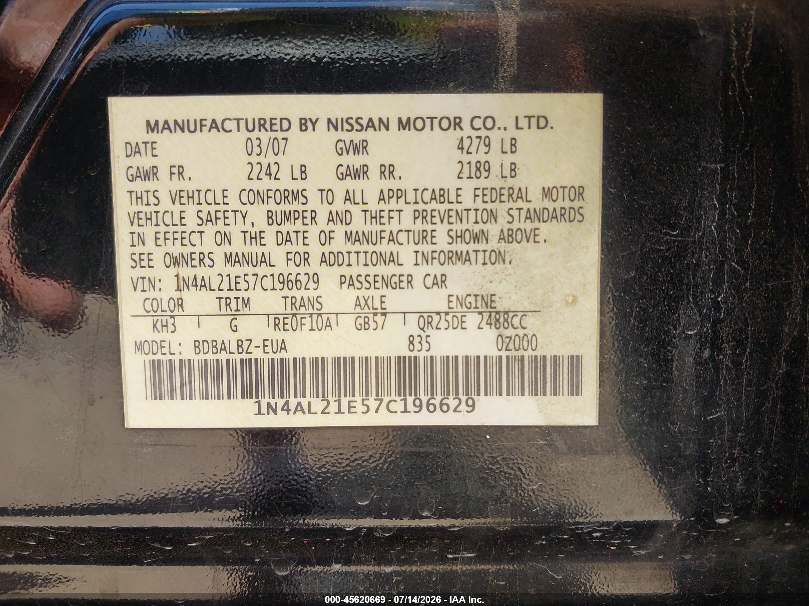 2007 Nissan Altima 2.5 S Black vin: 1N4AL21E57C196629
