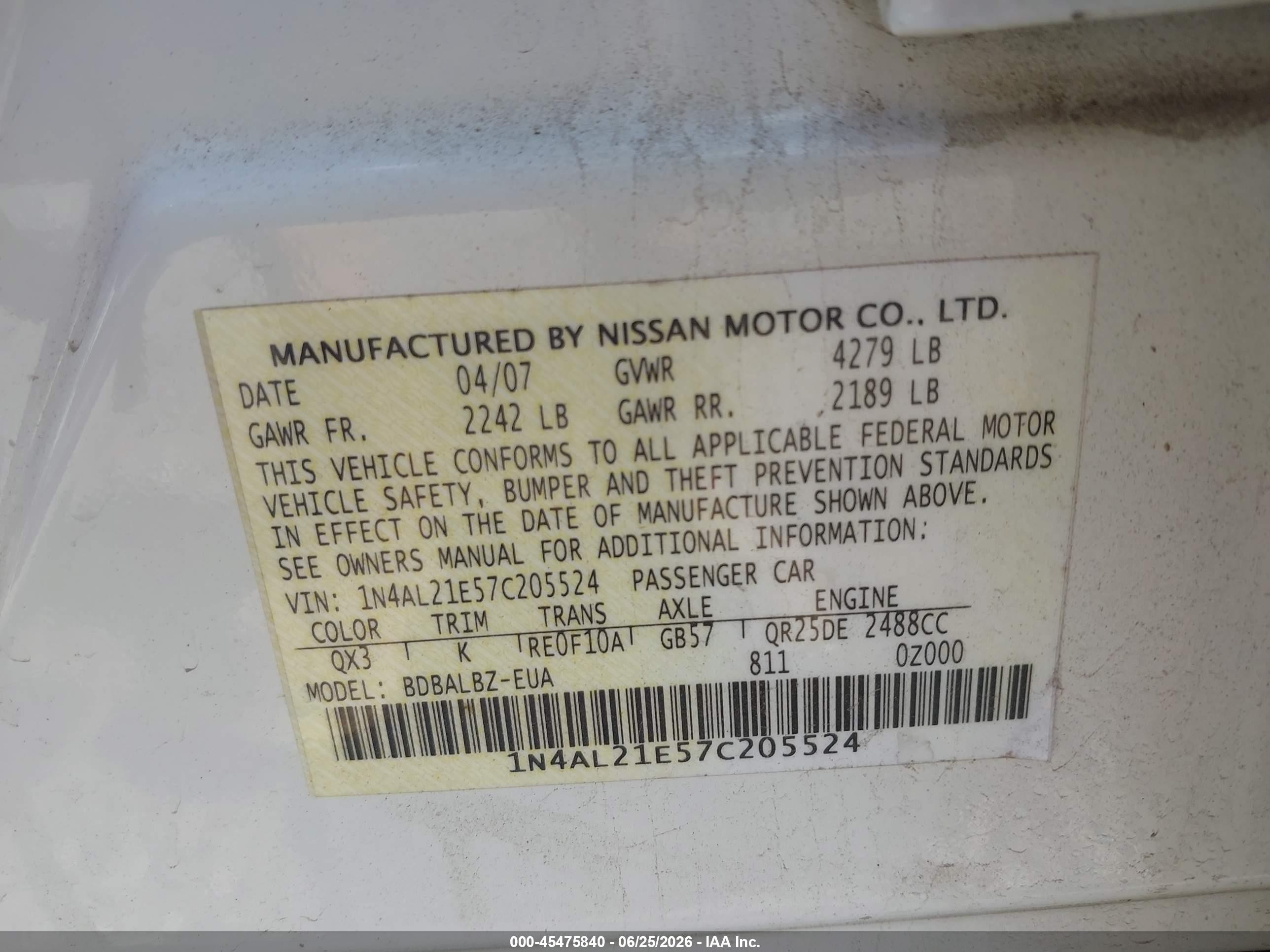 2007 Nissan Altima 2.5 S White vin: 1N4AL21E57C205524