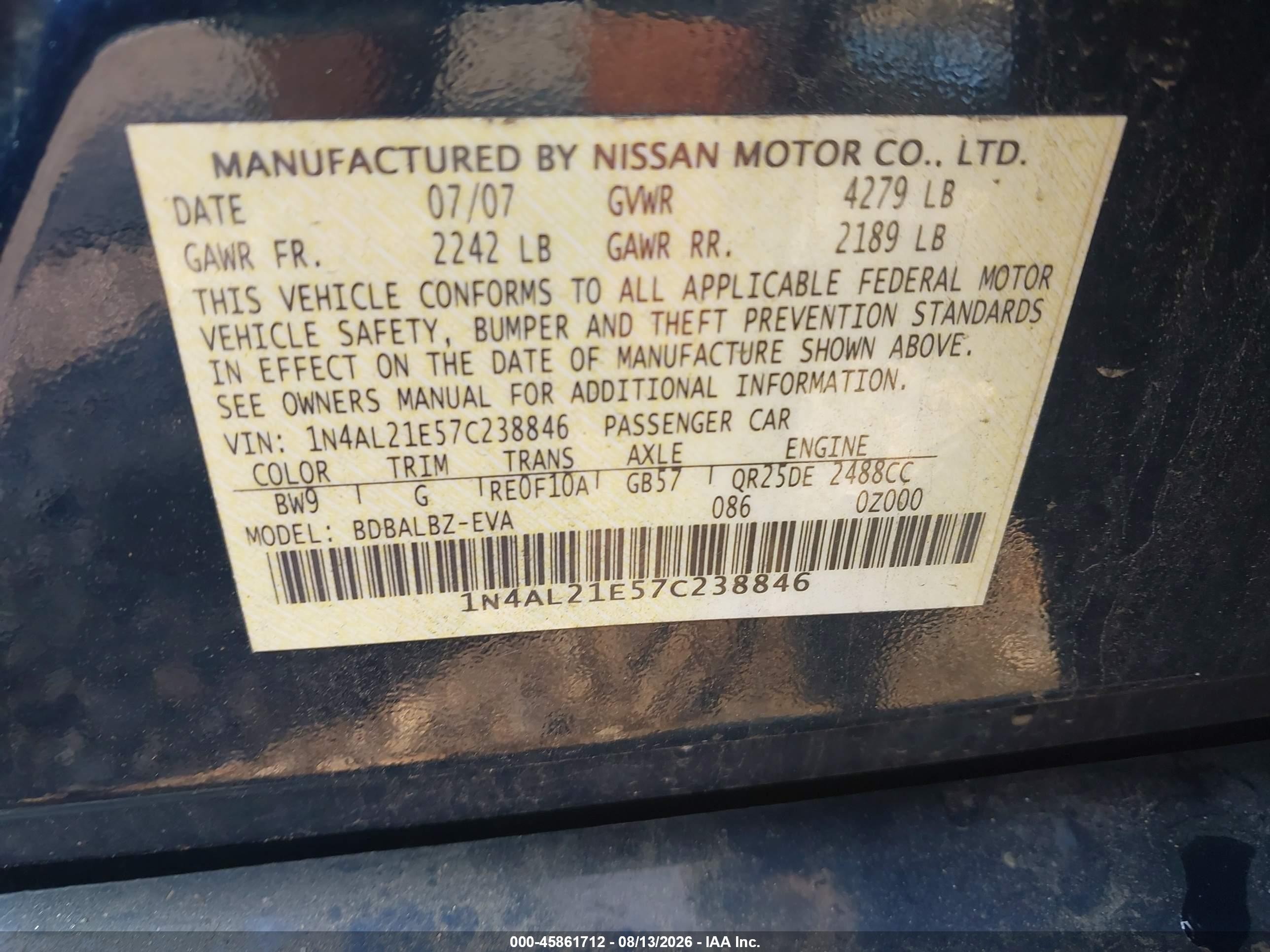 2007 Nissan Altima 2.5 S Blue vin: 1N4AL21E57C238846