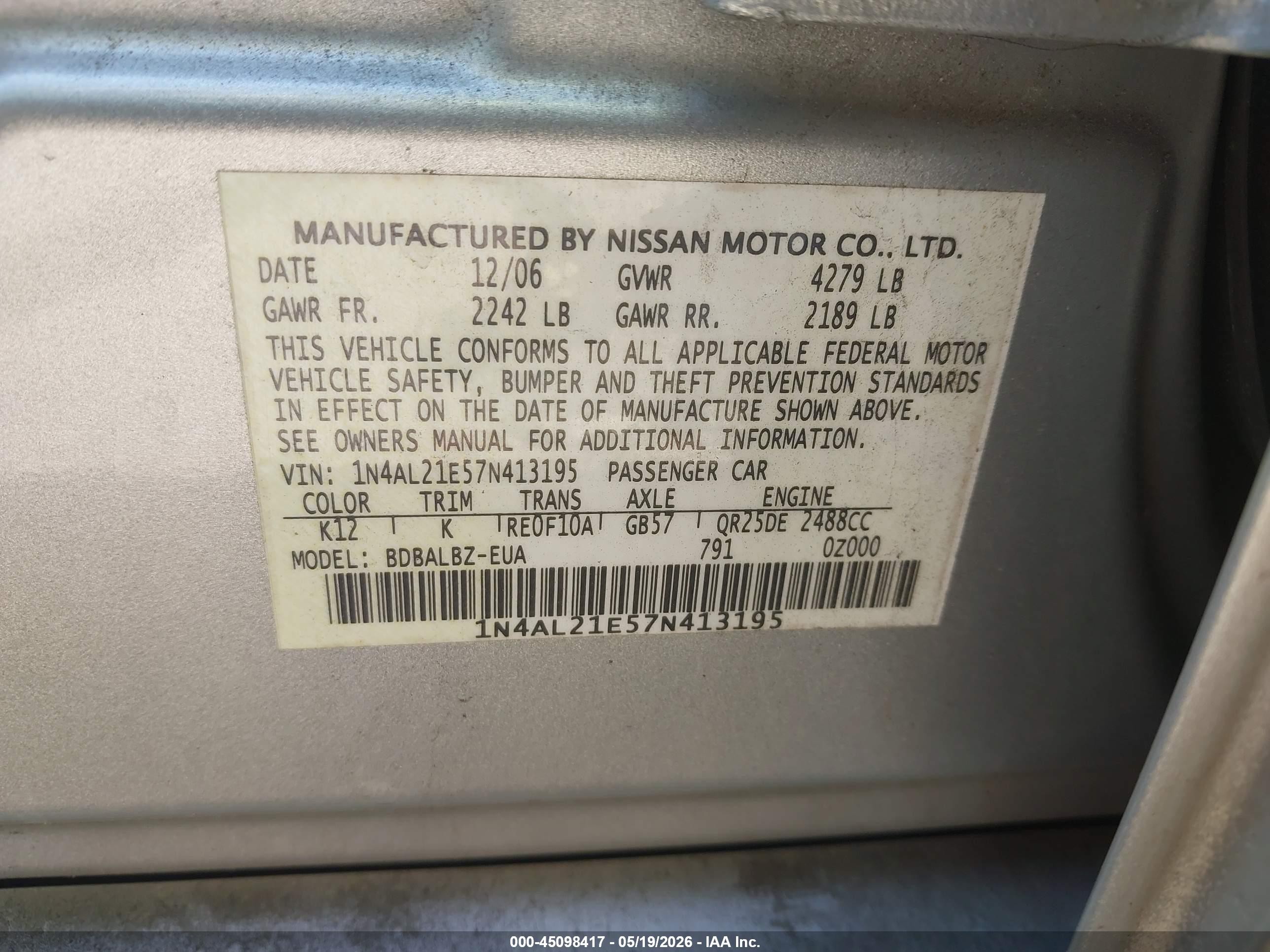 2007 Nissan Altima 2.5 S Silver vin: 1N4AL21E57N413195