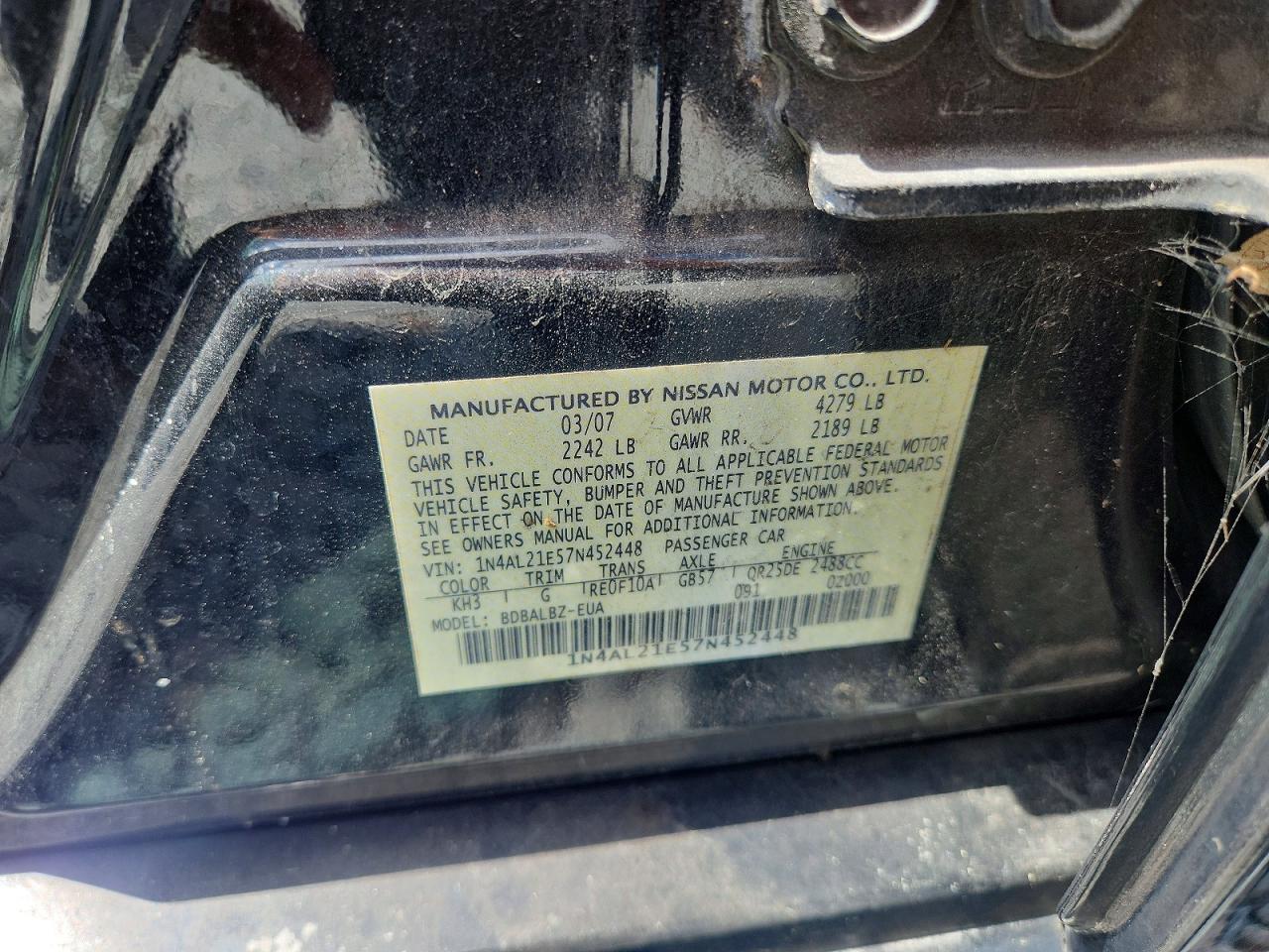 2007 Nissan Altima 2.5 Black vin: 1N4AL21E57N452448