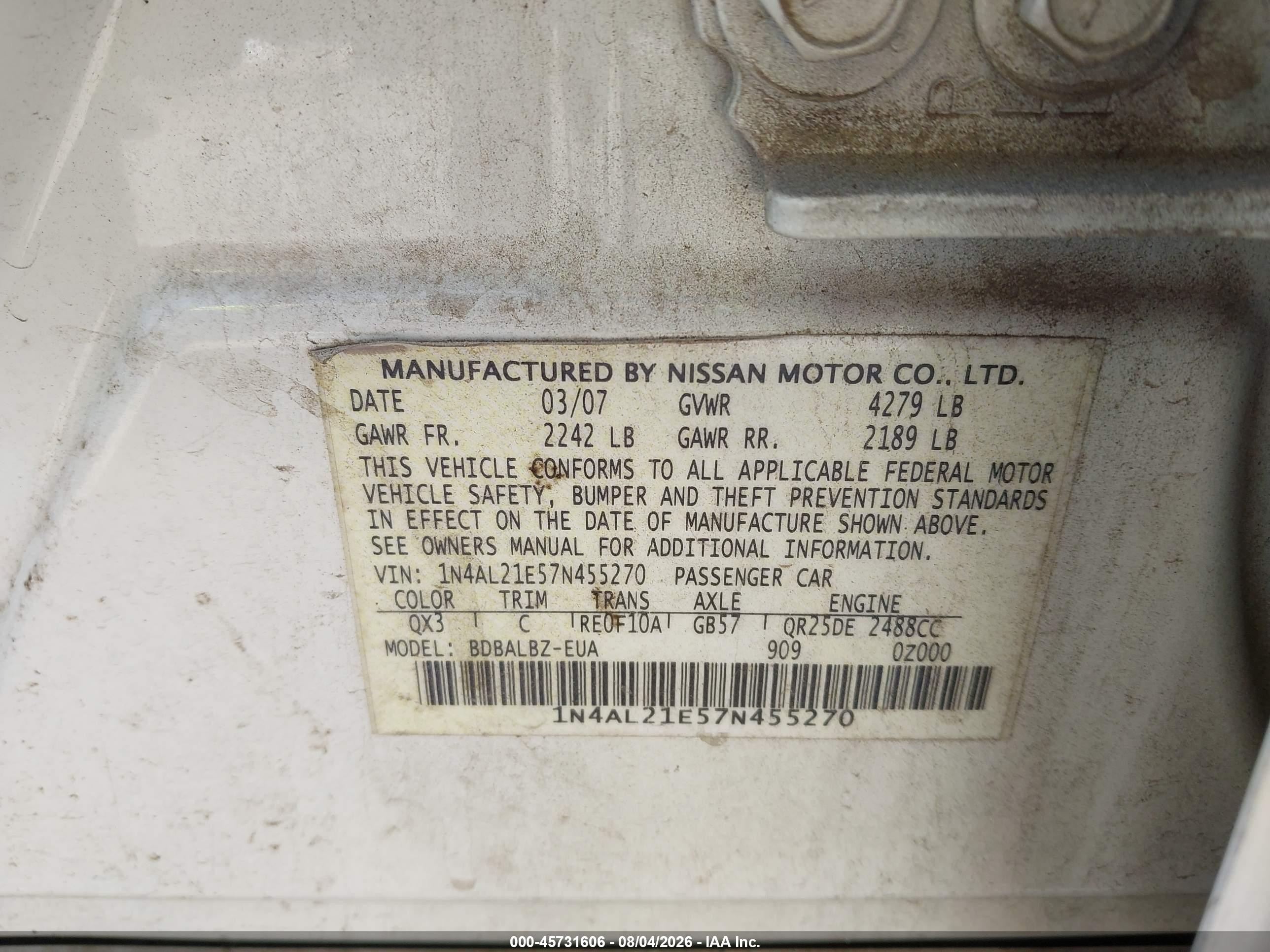 2007 Nissan Altima 2.5 S White vin: 1N4AL21E57N455270