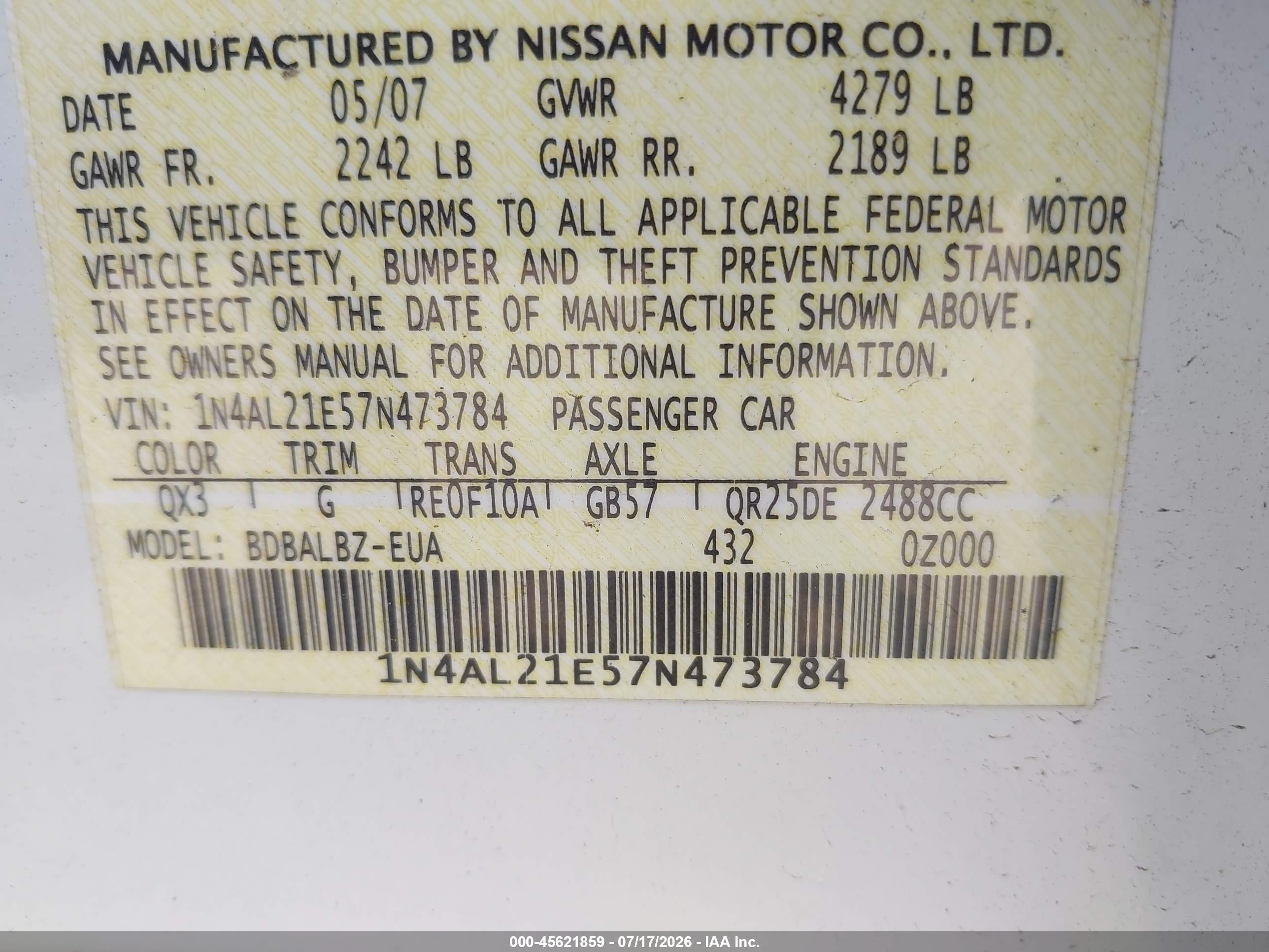 2007 Nissan Altima 2.5 S Белый vin: 1N4AL21E57N473784