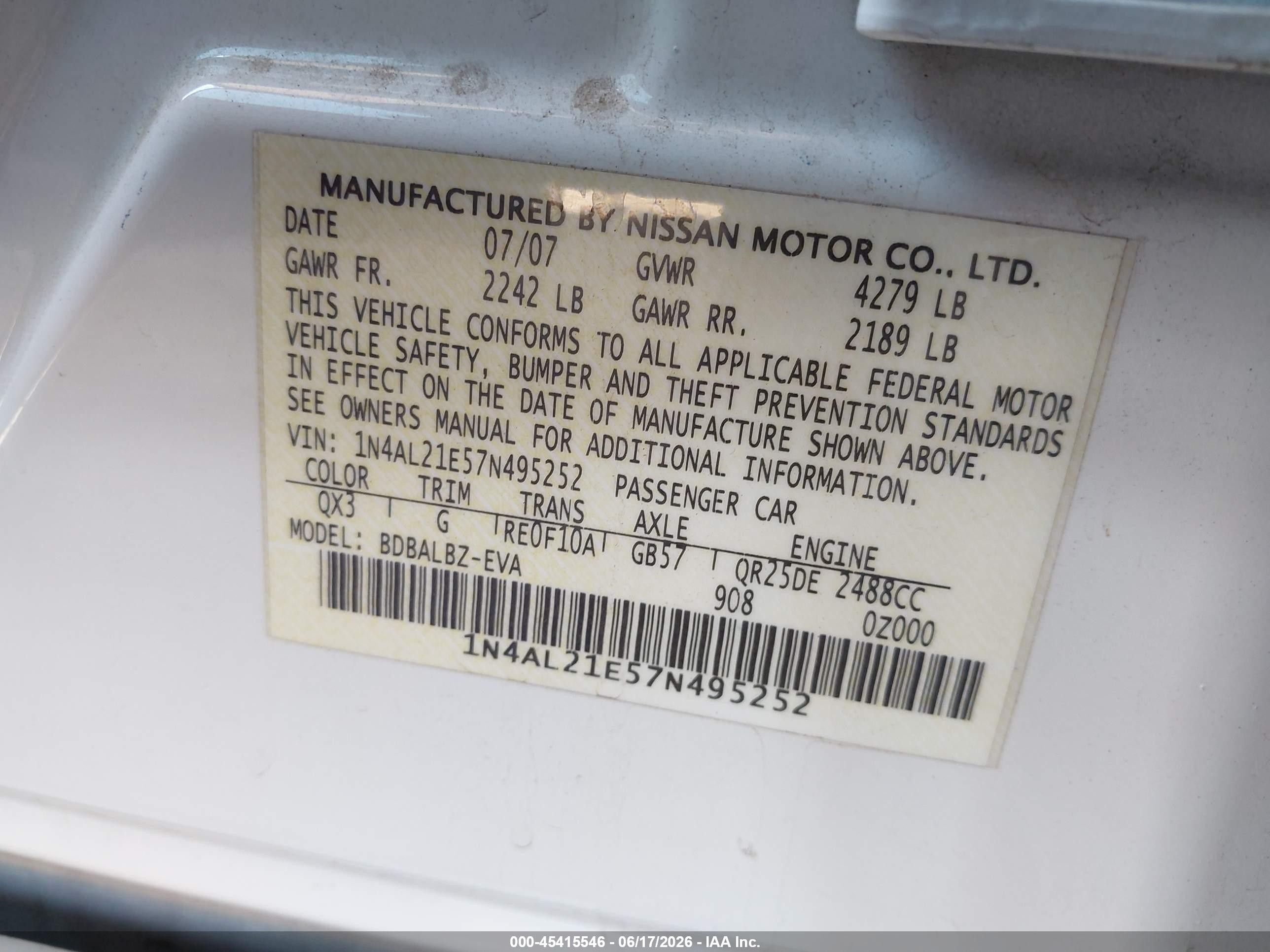 2007 Nissan Altima 2.5 S White vin: 1N4AL21E57N495252