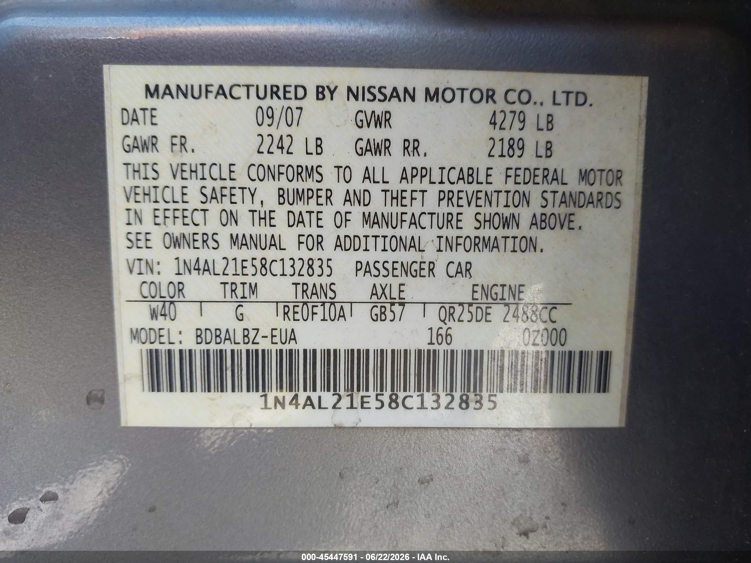 2008 Nissan Altima 2.5 Sl Gray vin: 1N4AL21E58C132835