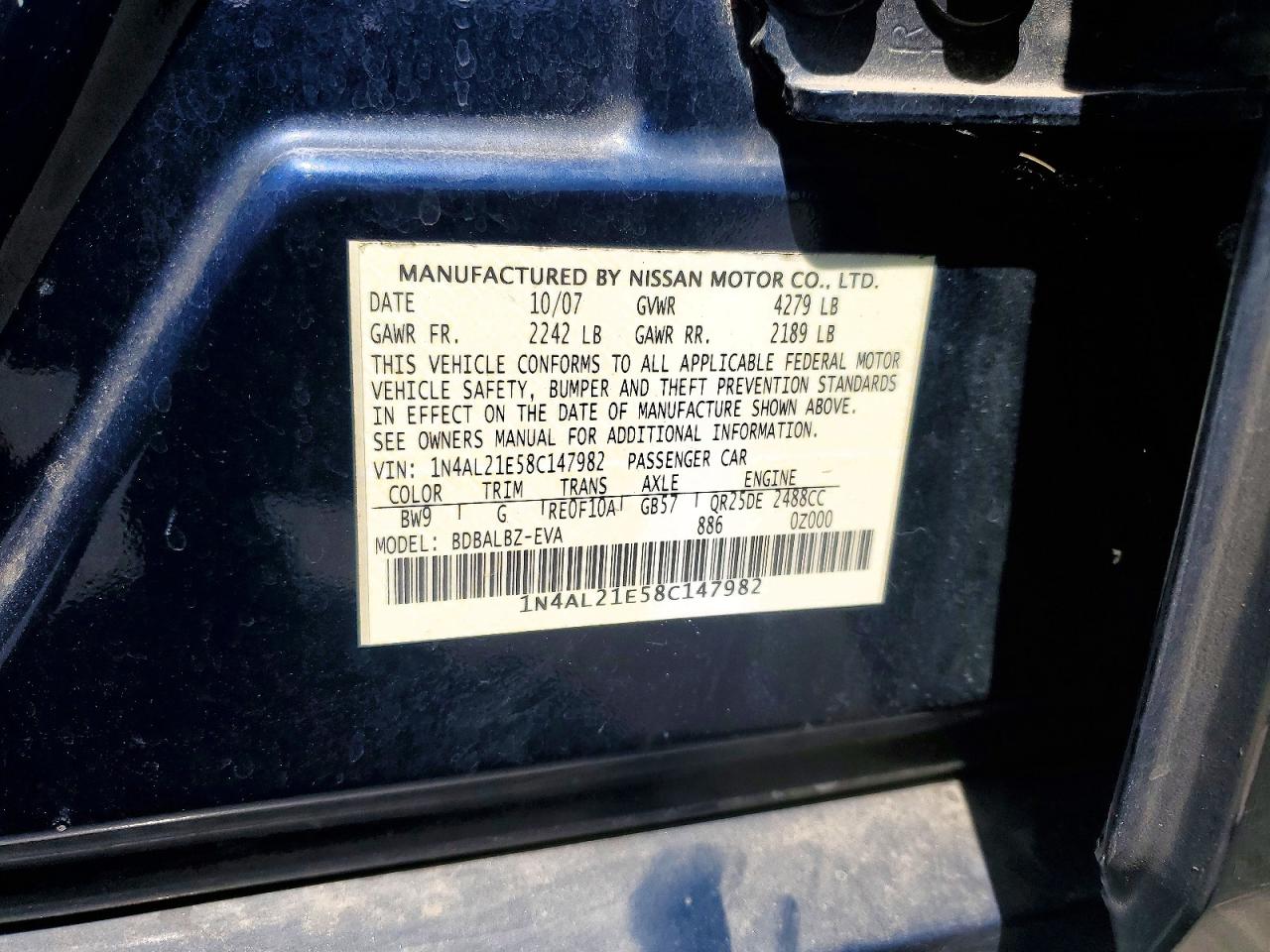 2008 Nissan Altima 2.5 Blue vin: 1N4AL21E58C147982