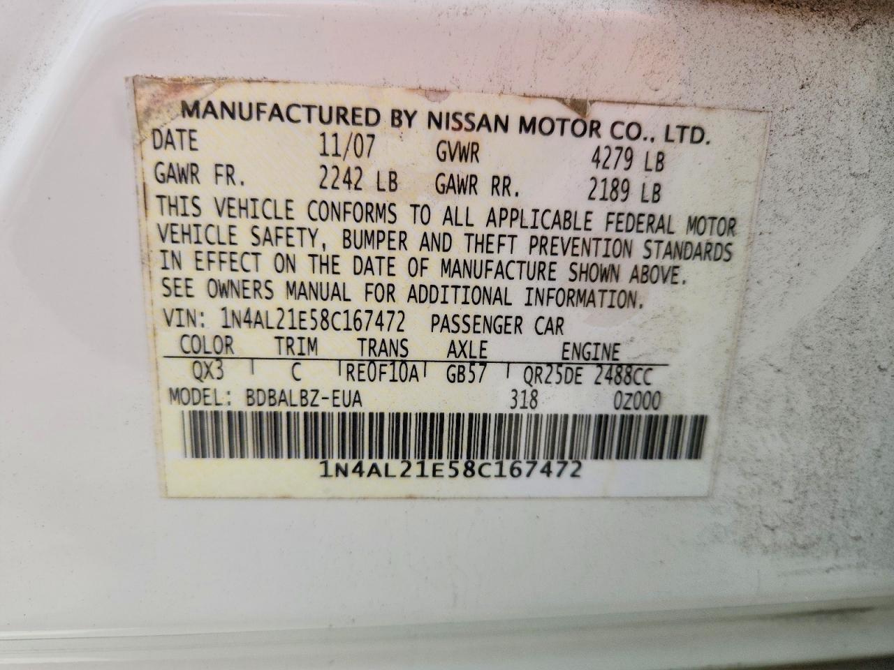 2008 Nissan Altima 2.5 Белый vin: 1N4AL21E58C167472