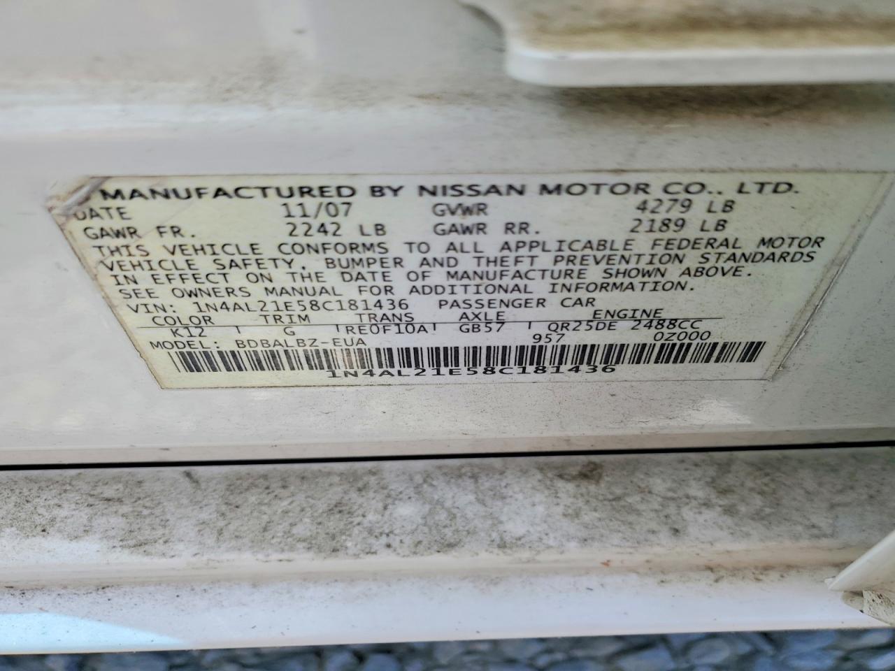 2008 Nissan Altima 2.5 White vin: 1N4AL21E58C181436