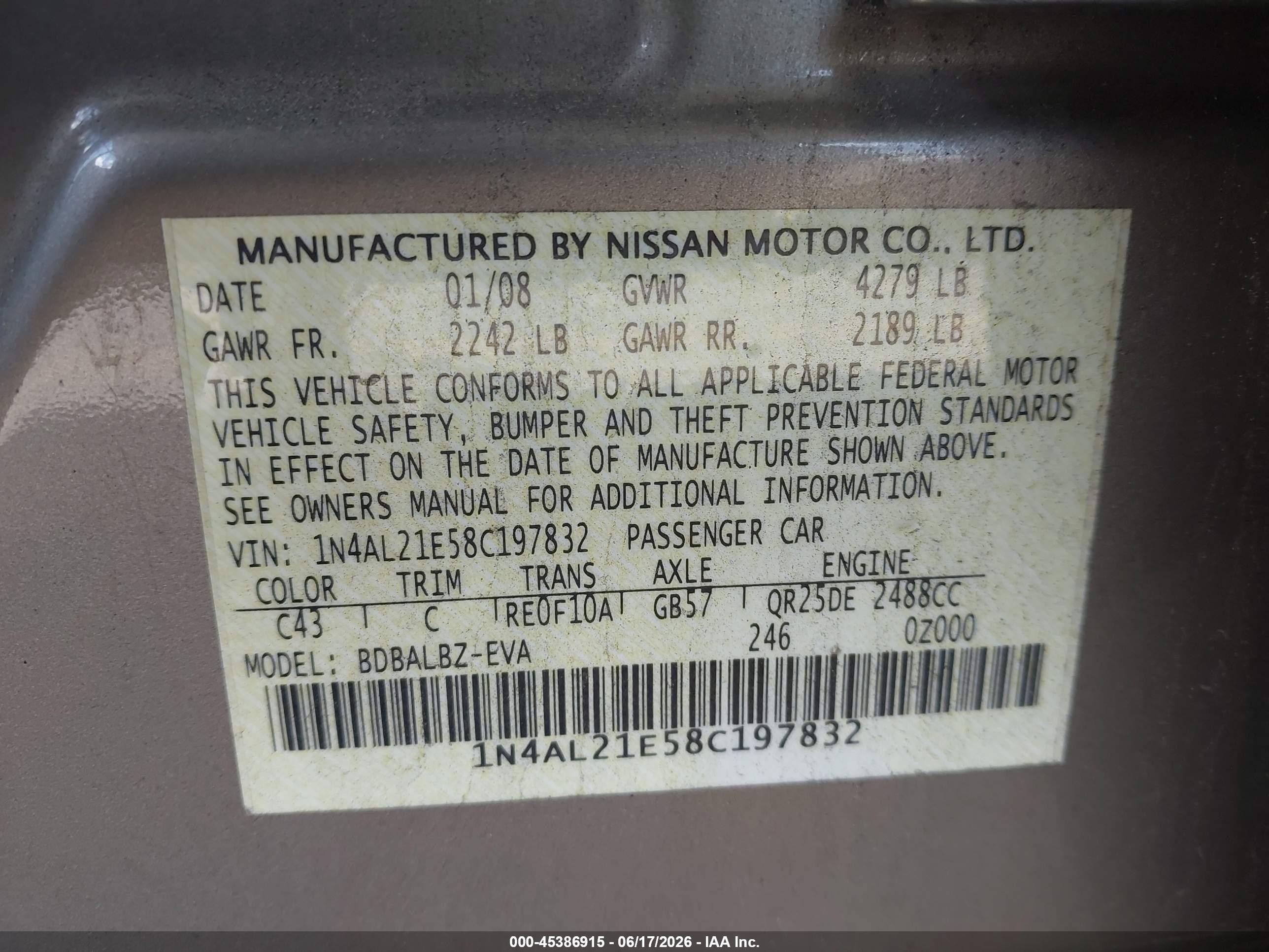 2008 Nissan Altima 2.5 Sl Tan vin: 1N4AL21E58C197832