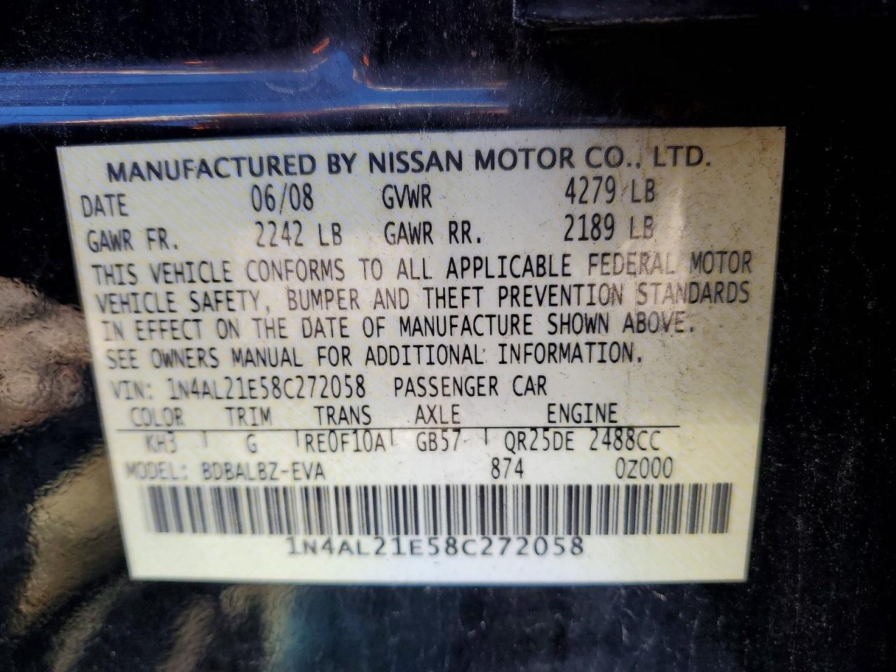 2008 Nissan Altima 2.5 Black vin: 1N4AL21E58C272058