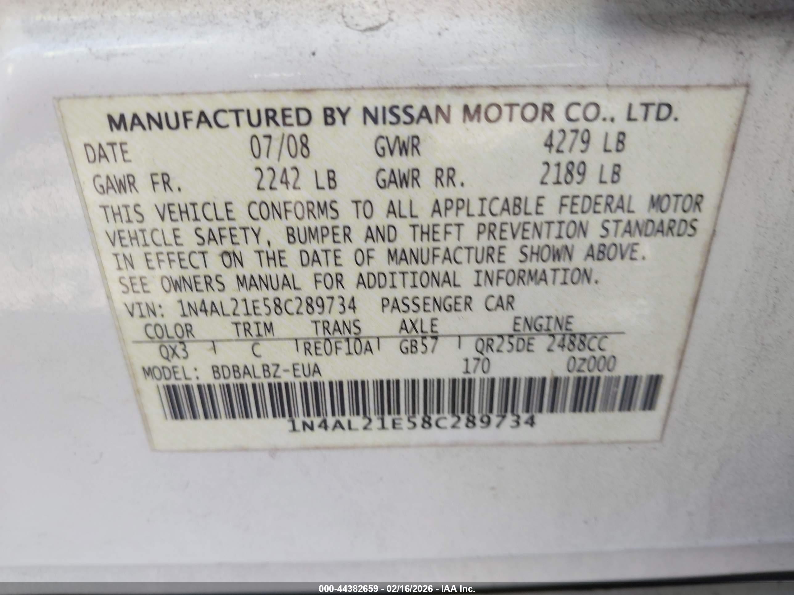 2008 Nissan Altima 2.5 S White vin: 1N4AL21E58C289734