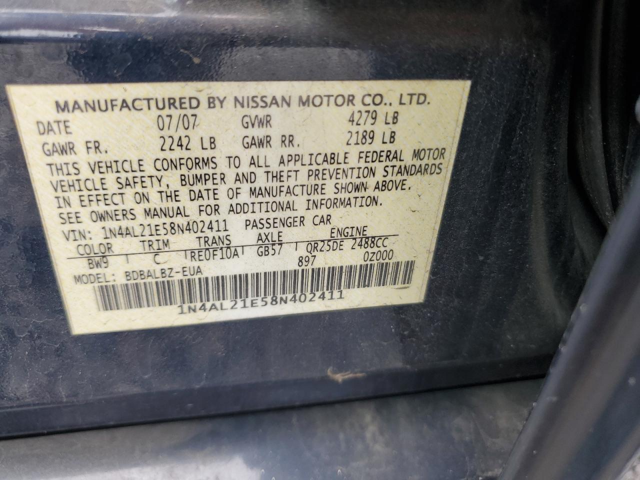 2008 Nissan Altima 2.5 Blue vin: 1N4AL21E58N402411