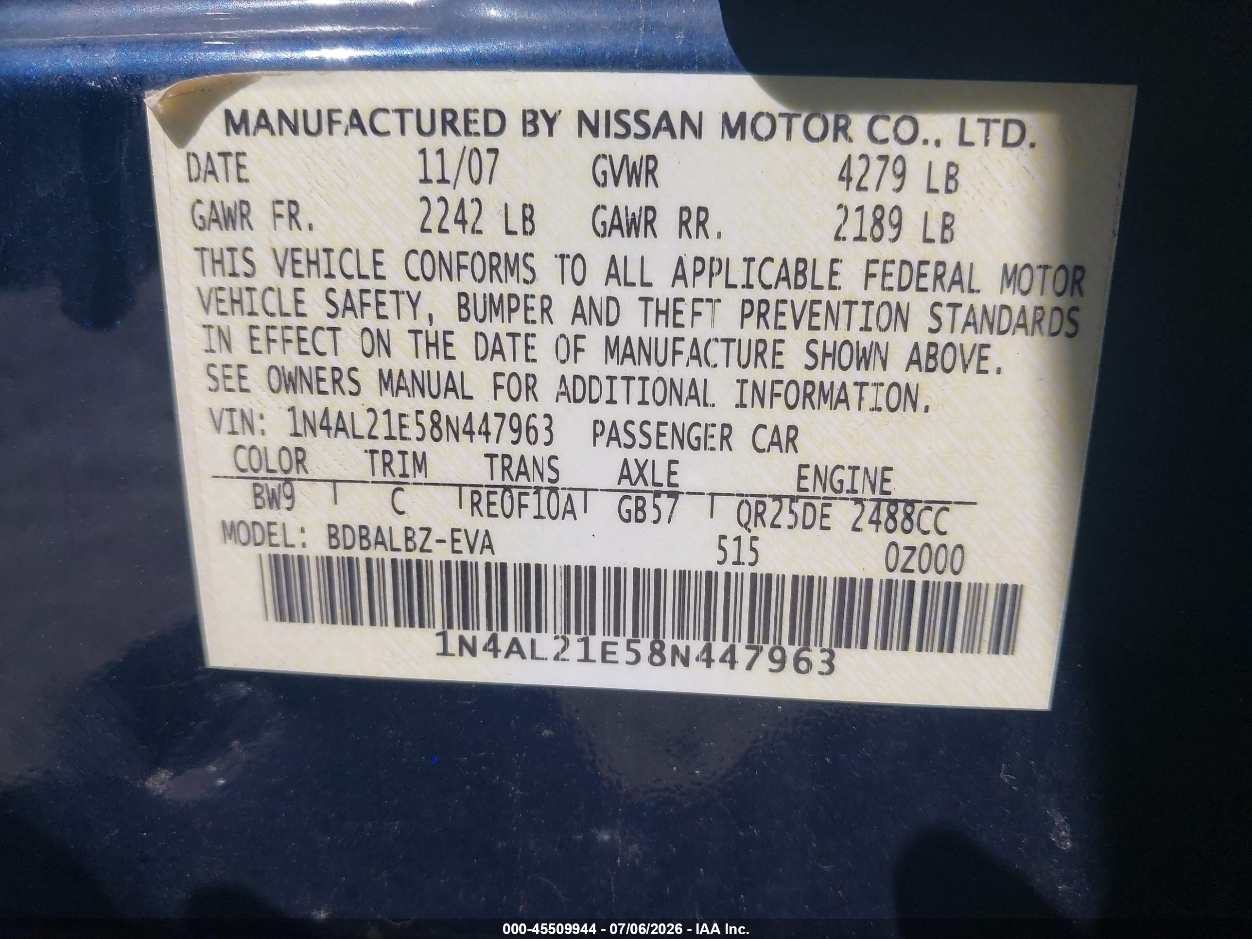 2008 Nissan Altima 2.5 Sl Blue vin: 1N4AL21E58N447963