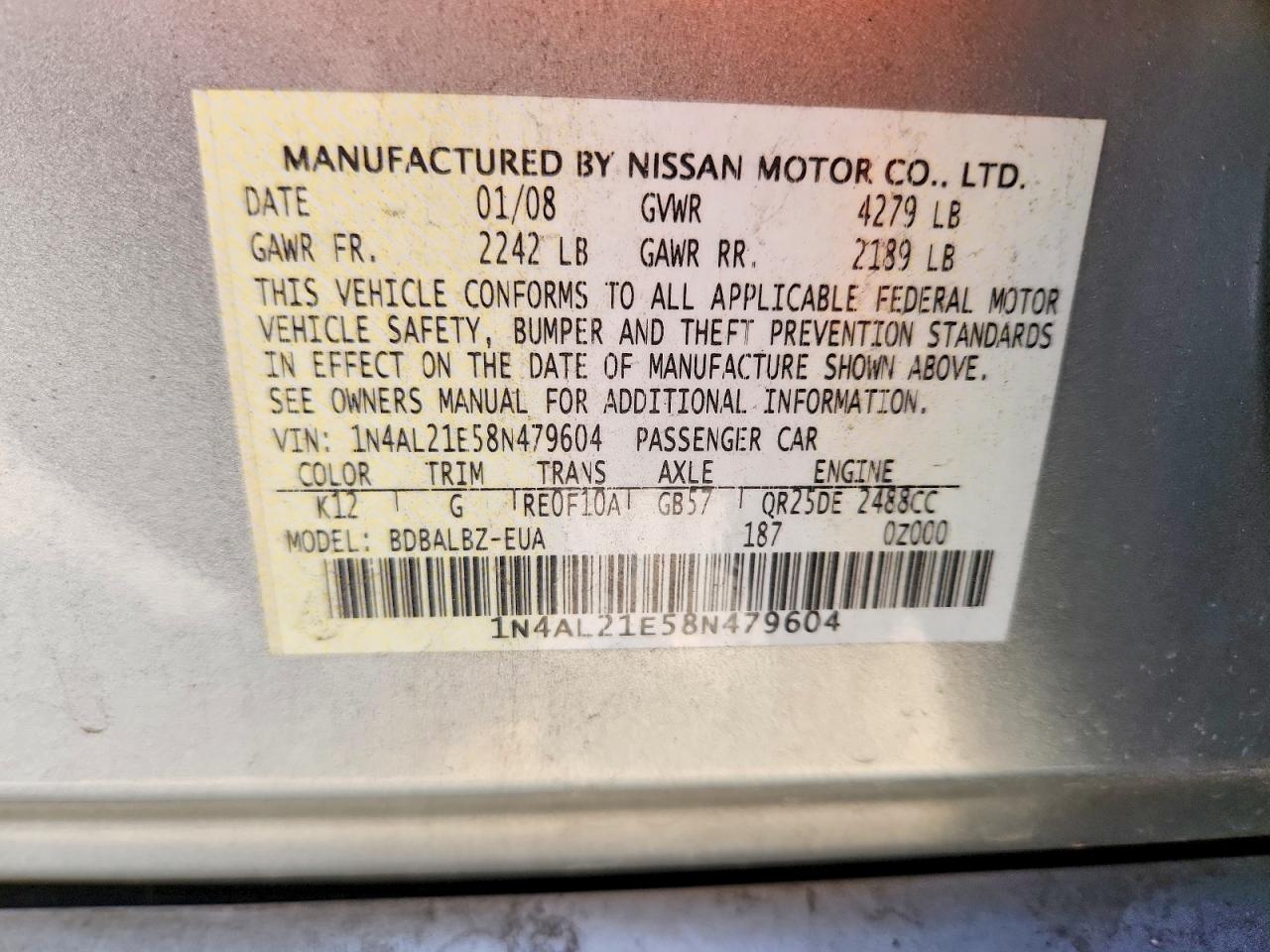 2008 Nissan Altima 2.5 Silver vin: 1N4AL21E58N479604