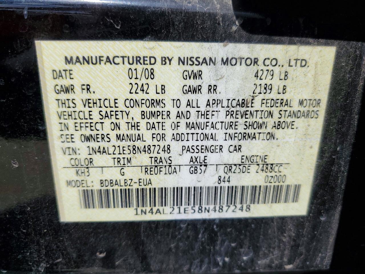 2008 Nissan Altima 2.5 Black vin: 1N4AL21E58N487248