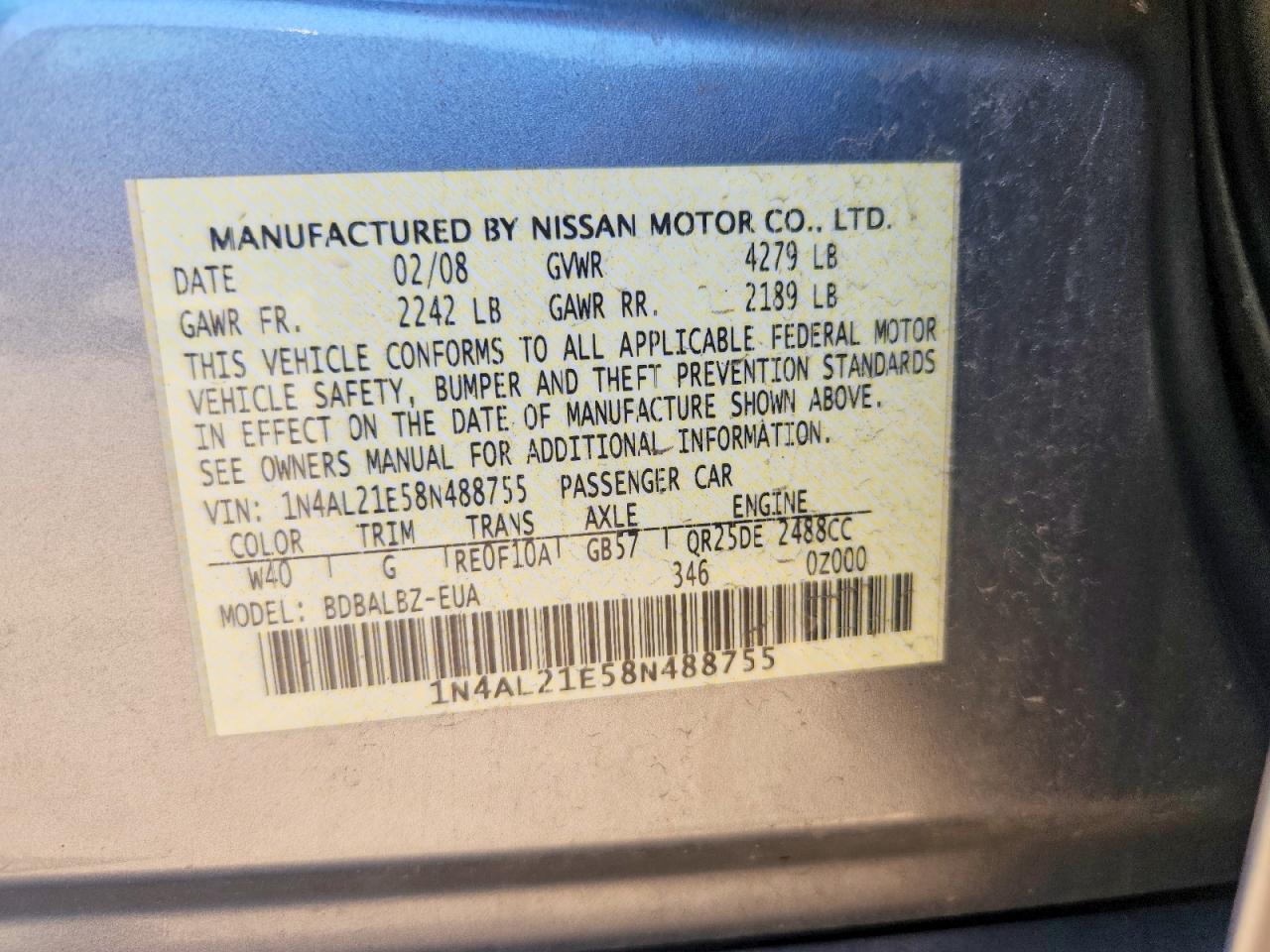 2008 Nissan Altima 2.5 Silver vin: 1N4AL21E58N488755