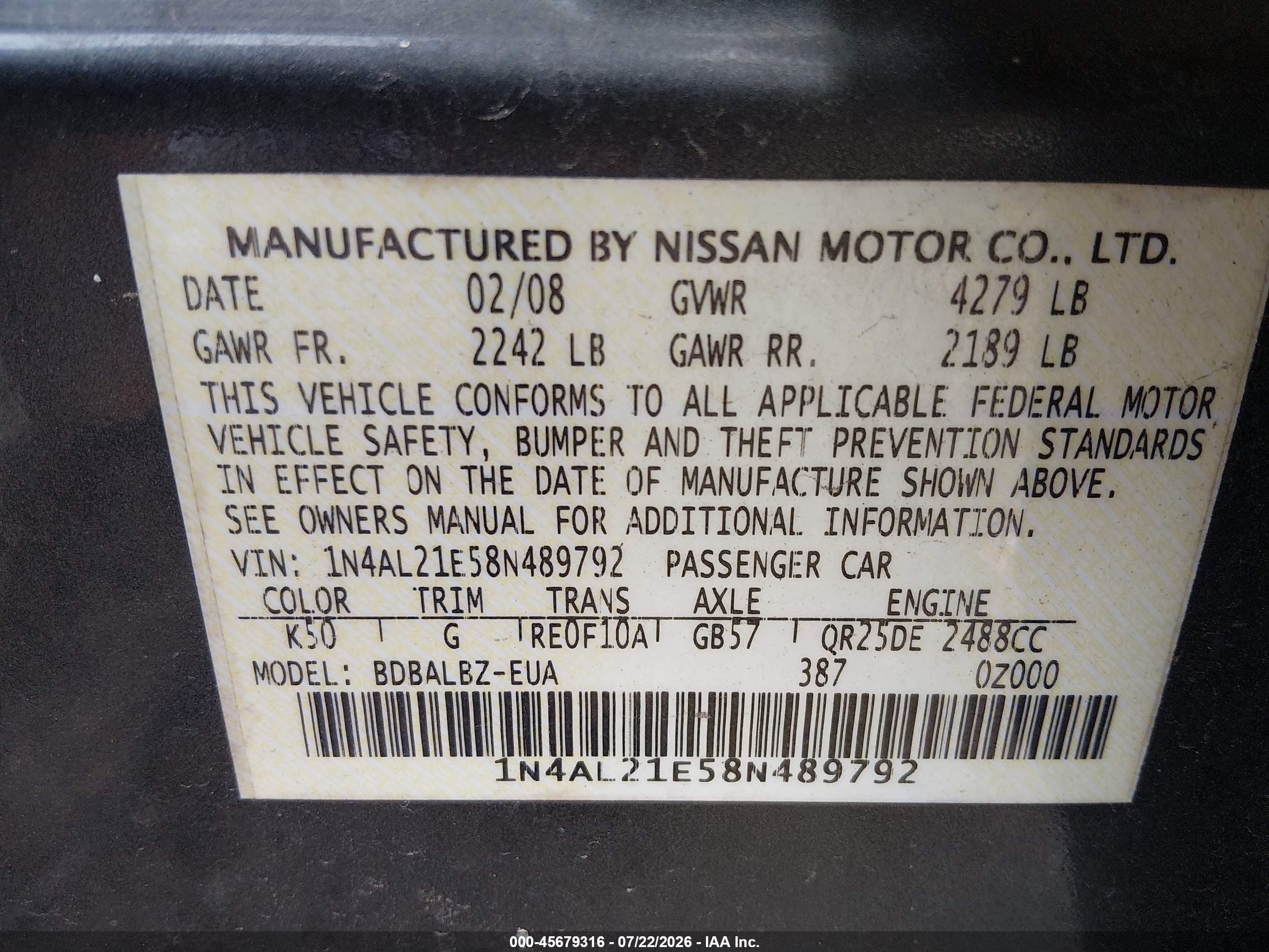 2008 Nissan Altima 2.5 Sl Gray vin: 1N4AL21E58N489792