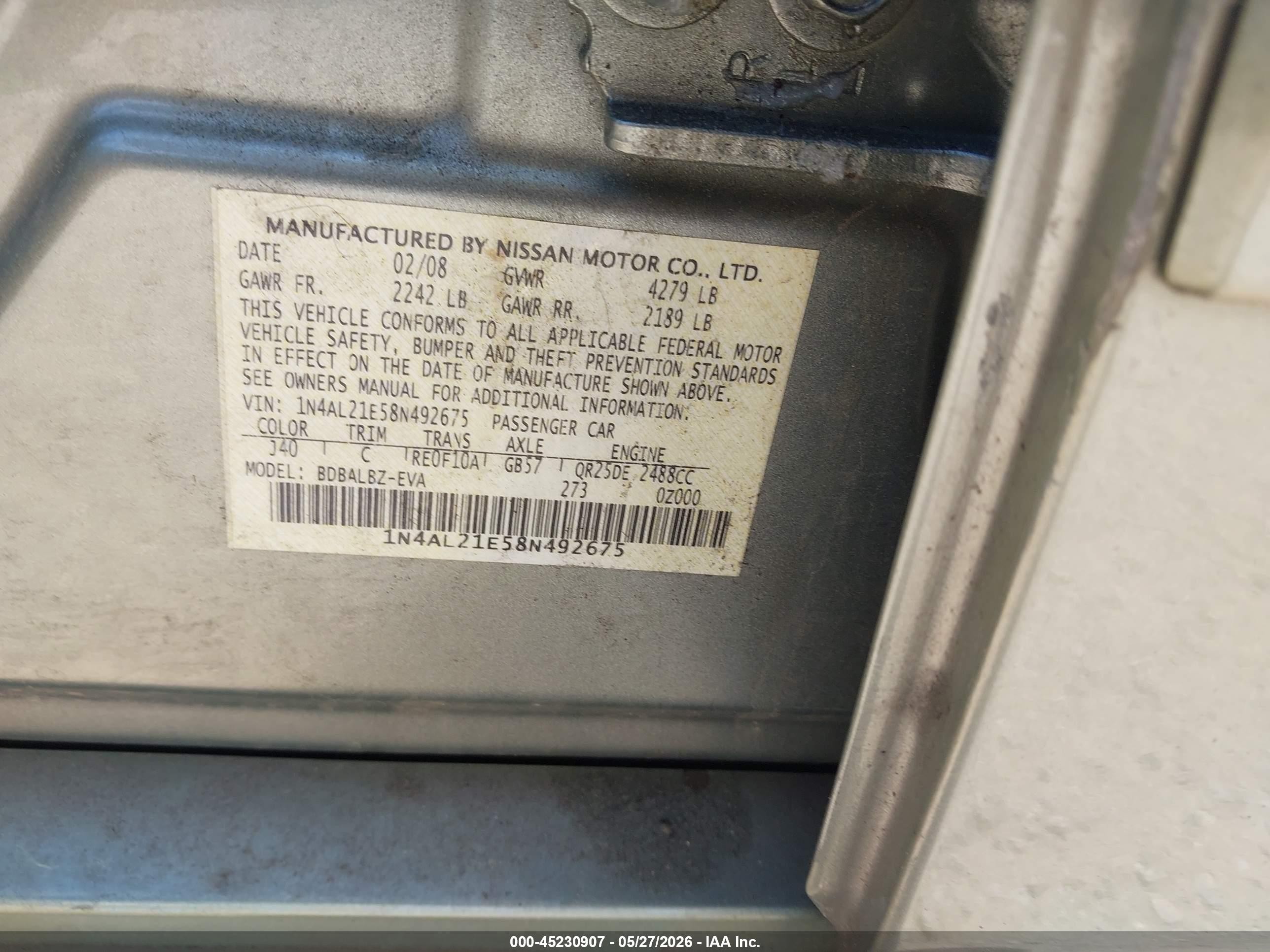 2008 Nissan Altima 2.5 S Green vin: 1N4AL21E58N492675