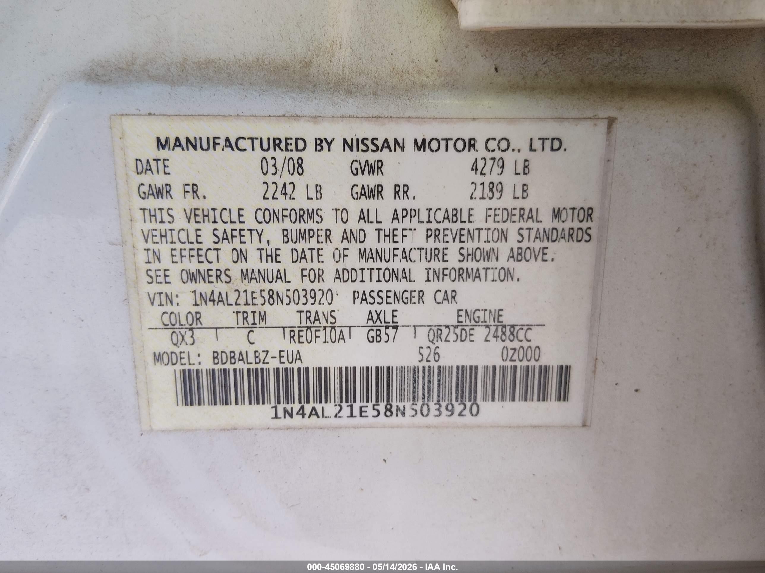 2008 Nissan Altima 2.5 S White vin: 1N4AL21E58N503920