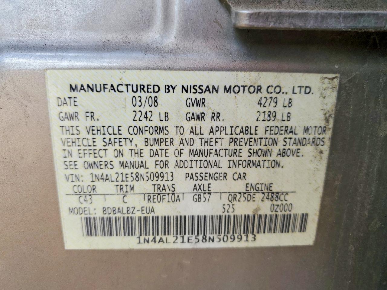 2008 Nissan Altima 2.5 Silver vin: 1N4AL21E58N509913