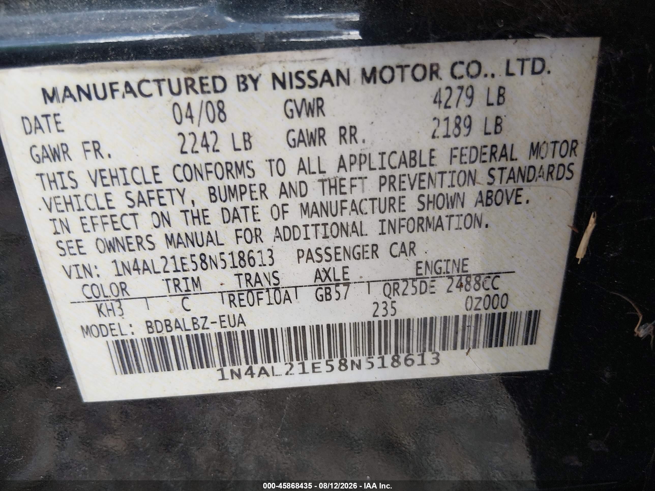 2008 Nissan Altima 2.5 Sl Black vin: 1N4AL21E58N518613