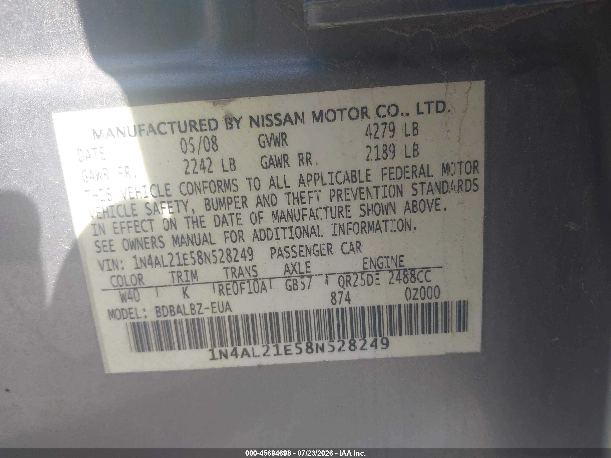 2008 Nissan Altima 2.5 S Gray vin: 1N4AL21E58N528249