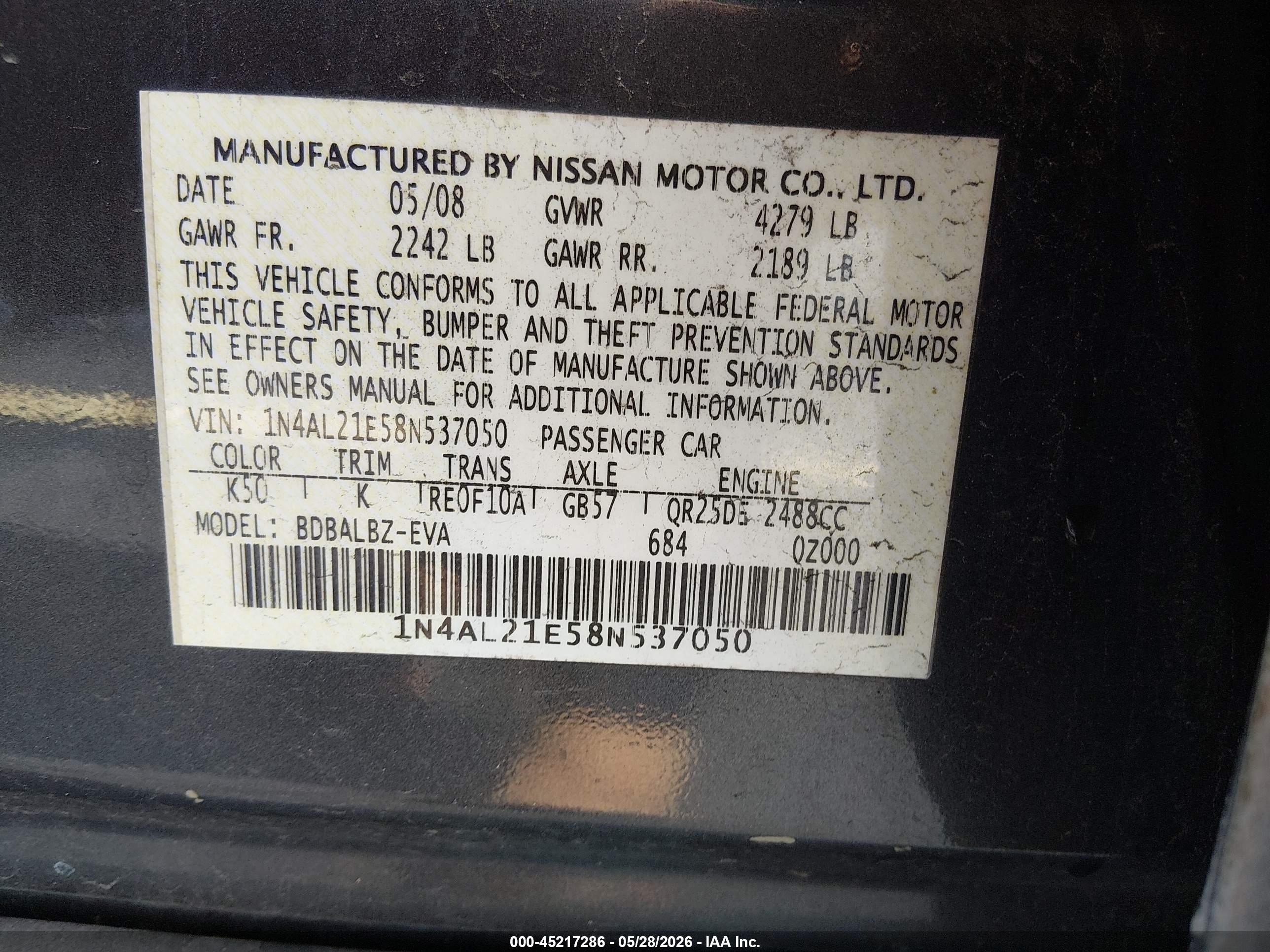 2008 Nissan Altima 2.5 S Gray vin: 1N4AL21E58N537050
