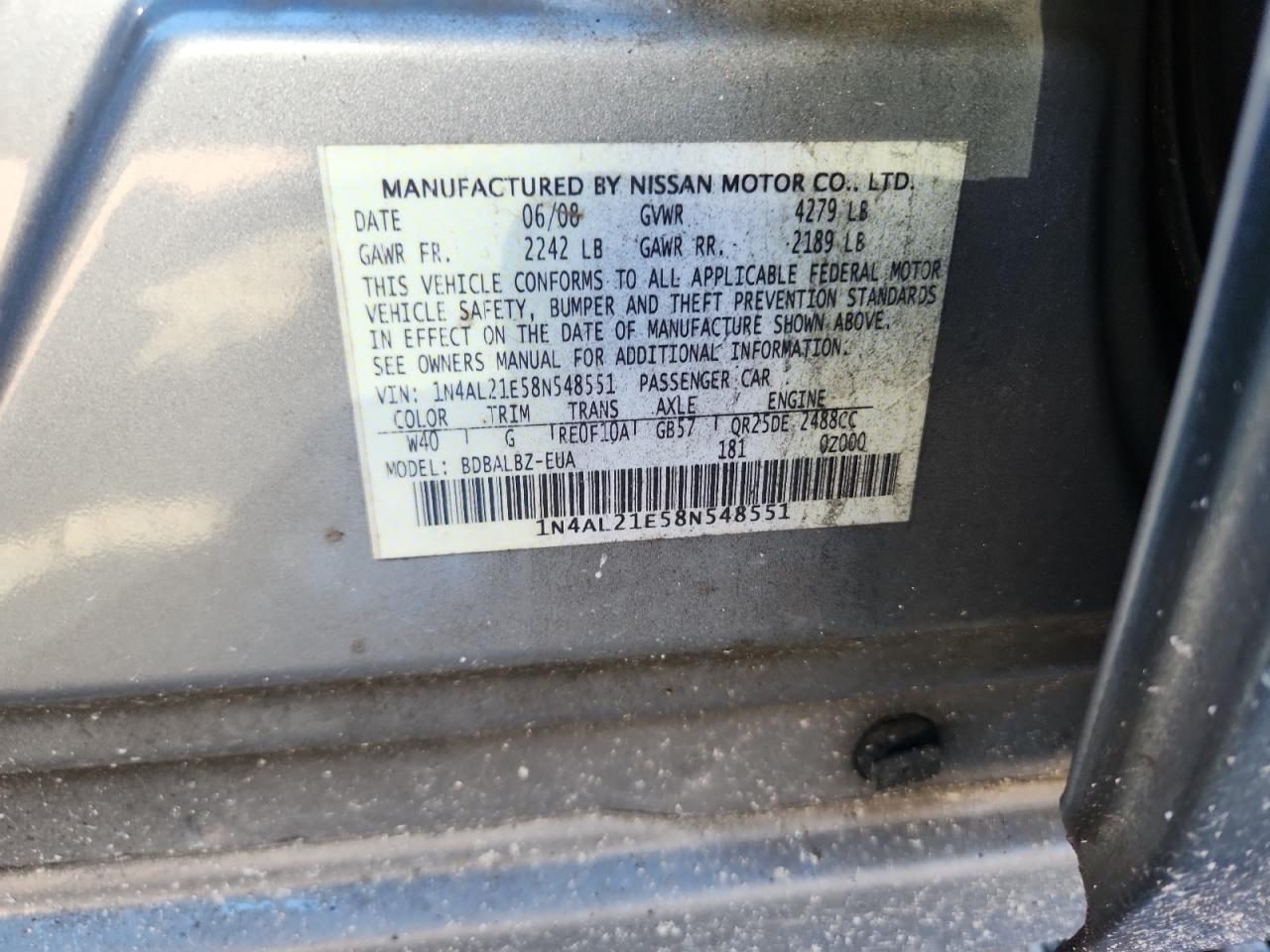 2008 Nissan Altima 2.5 Teal vin: 1N4AL21E58N548551