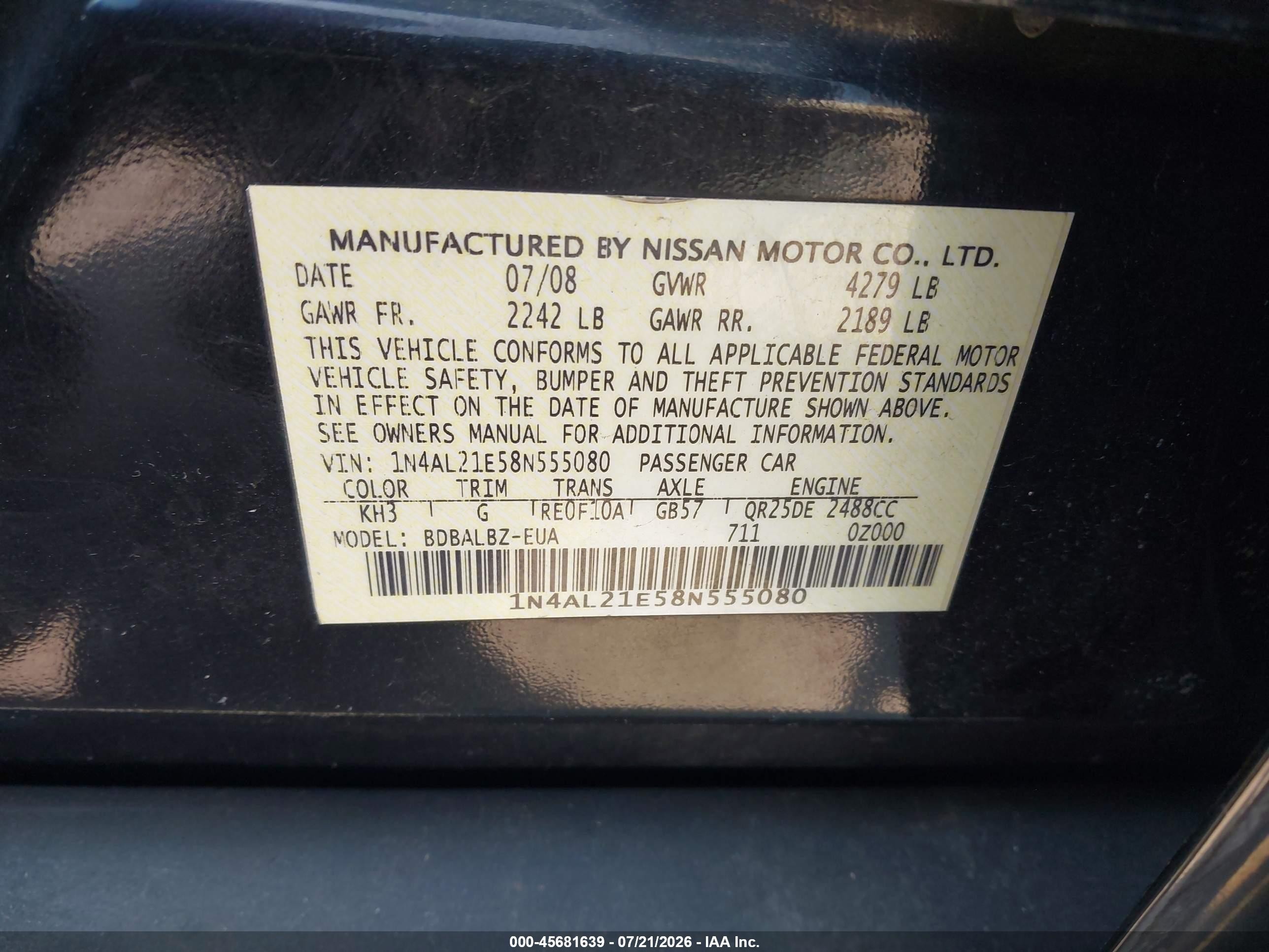 2008 Nissan Altima 2.5 S Черный vin: 1N4AL21E58N555080