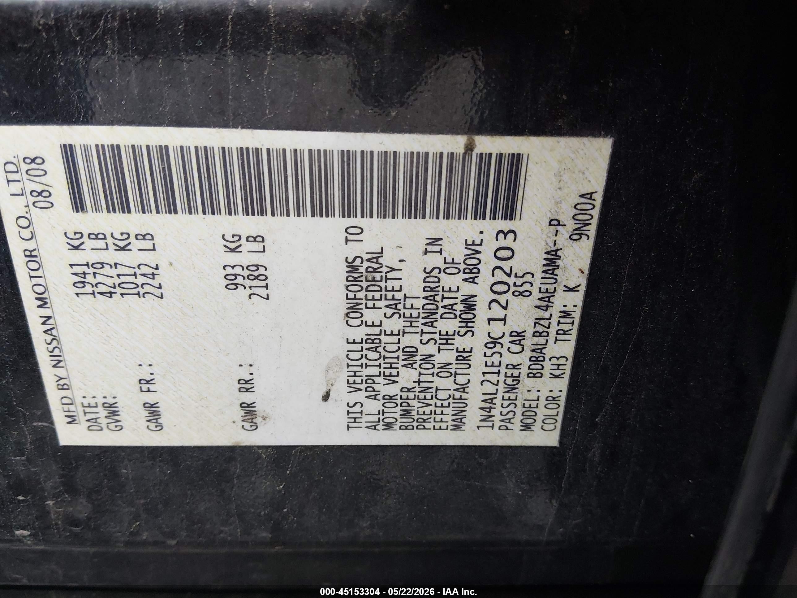 2009 Nissan Altima 2.5 S Черный vin: 1N4AL21E59C120203