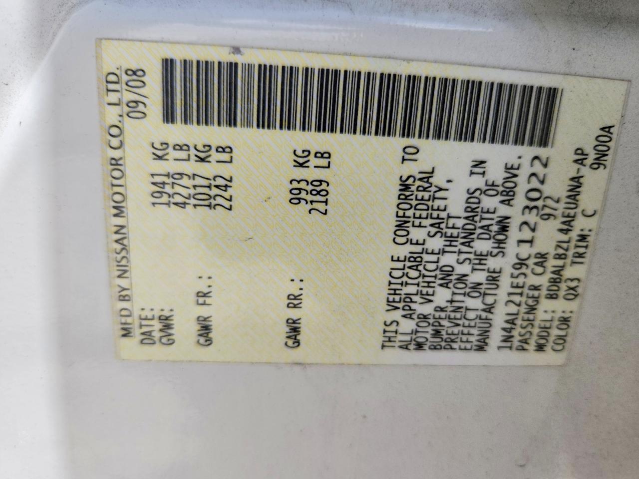 2009 Nissan Altima 2.5 White vin: 1N4AL21E59C123022