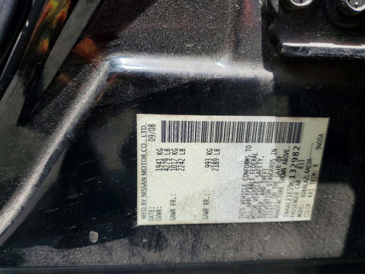 2009 Nissan Altima 2.5 Black vin: 1N4AL21E59C132982