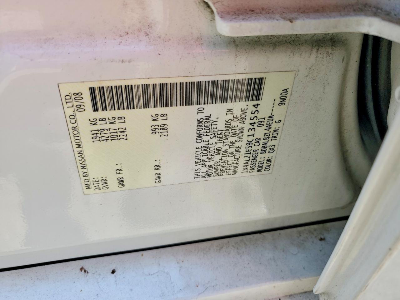 2009 Nissan Altima 2.5 White vin: 1N4AL21E59C134554