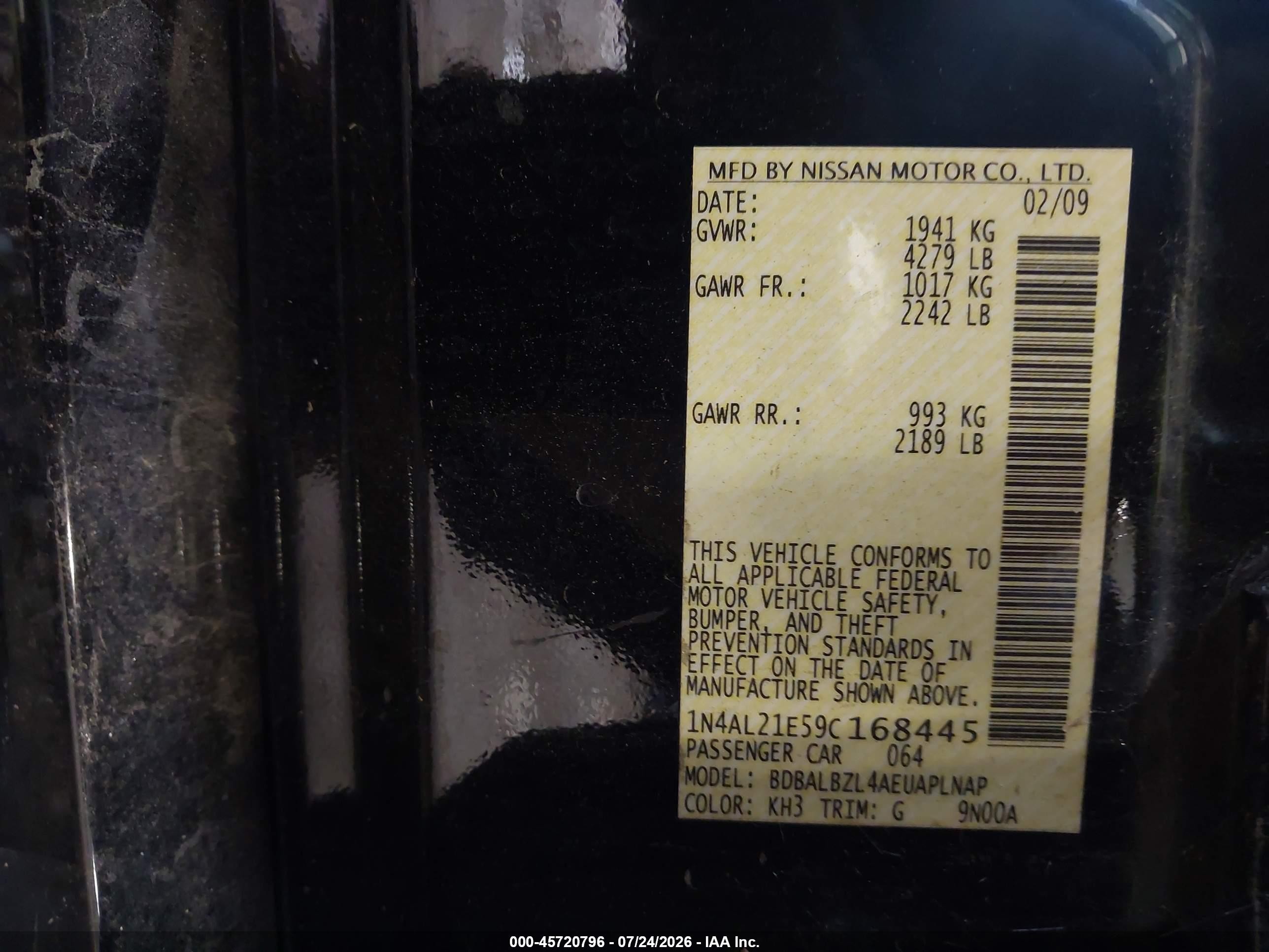 2009 Nissan Altima 2.5 S Black vin: 1N4AL21E59C168445