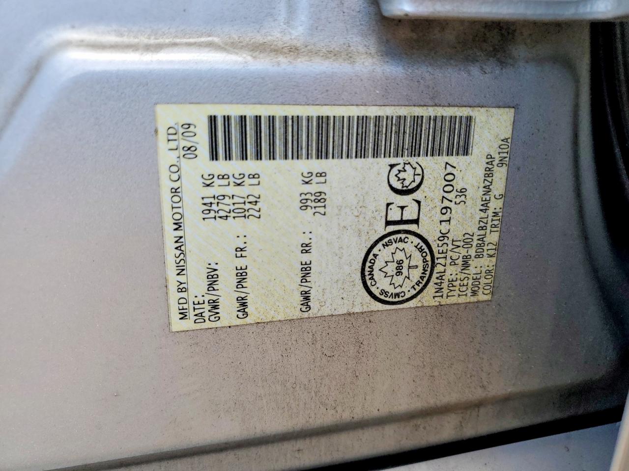 2009 Nissan Altima 2.5 Silver vin: 1N4AL21E59C197007