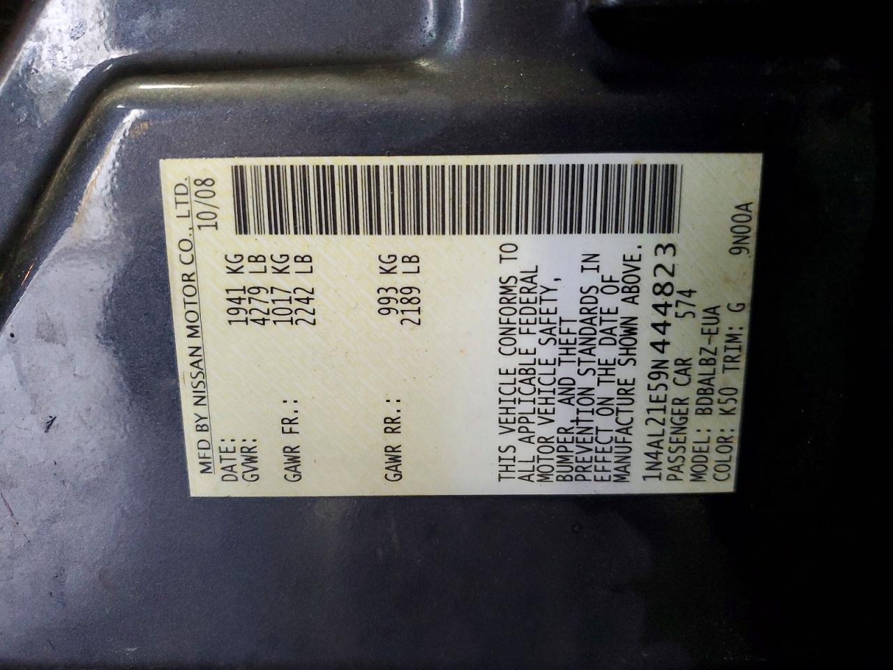 2009 Nissan Altima 2.5 Charcoal vin: 1N4AL21E59N444823