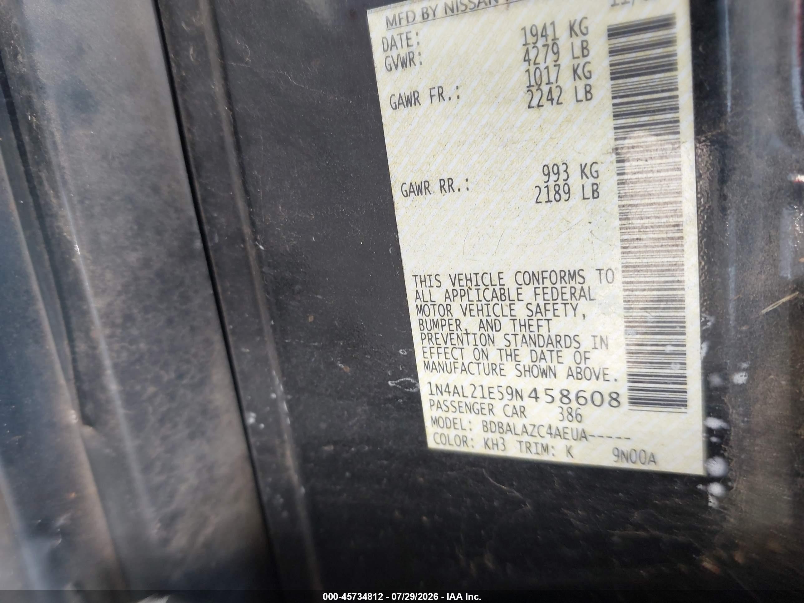 2009 Nissan Altima 2.5 Black vin: 1N4AL21E59N458608